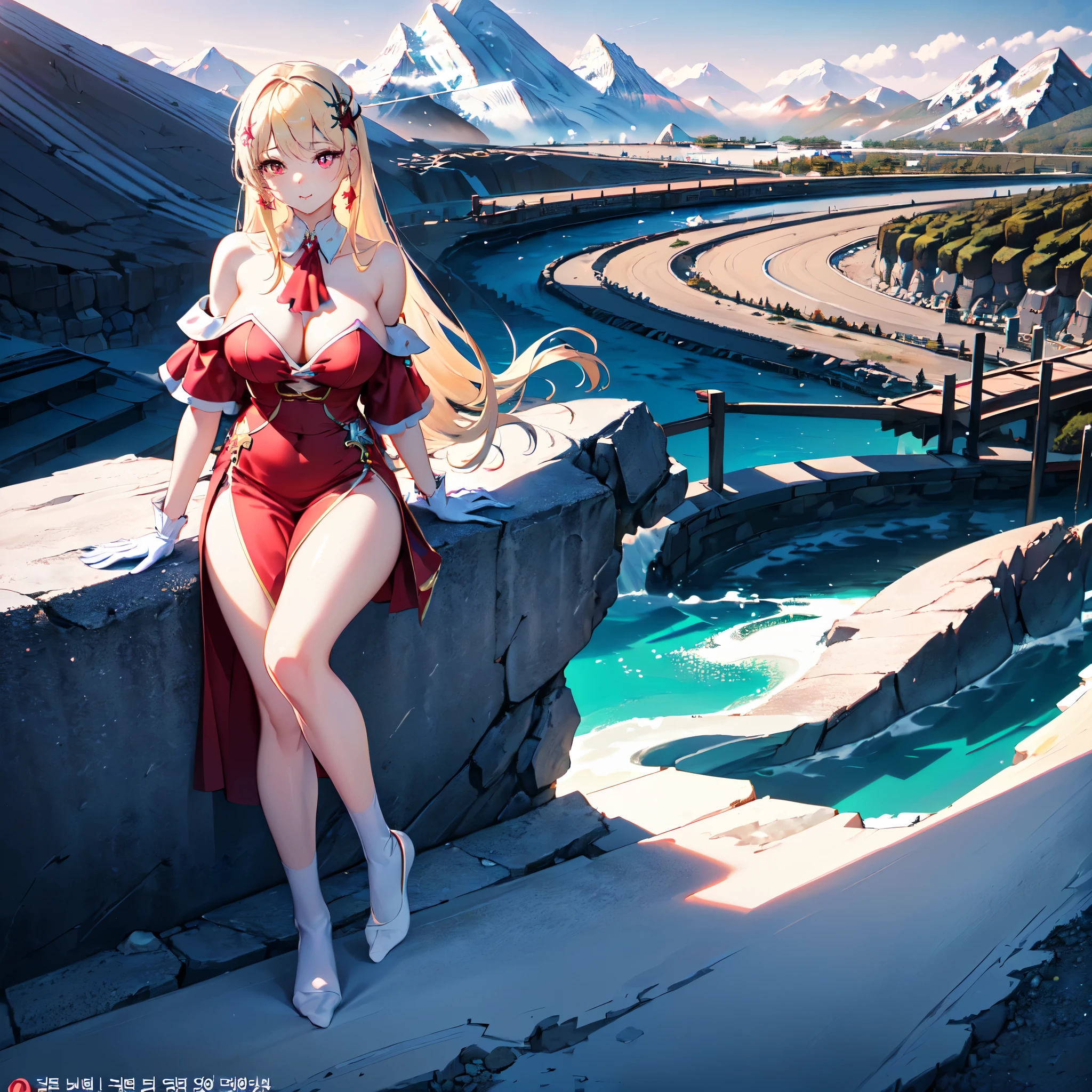 official art, masterpiece, sharp focueautiful gorgeous cute Korean woman:1.3), (beautiful cute korean:1.3), (beautiful and aesthetic:1.4), korean beauty, Delicate and beautiful hair and eyes and face, realistic, ultra detailed, beautiful girl, blue sky, glow white particle, (sidelighting:1.2), sun light, white cloud, detailed clouds, slender, Lovely very large breasts and very large hips,showing pink slip and lovely lips, (((shy and aroused, pink Star-shaped pupils, Red eyes)), (((Cuteness:1.7)), scenery, long straight hair, sexy facial expression, (Mountainscape:1.7), dynamic hair, blonde long straight hair, detailed hair, streaked hair, glow pink eyes, sitting elegant near rivers (shoulder strap+red Ascot dress+off shoulder blouse), white long socks, pale skin, epic scenery, hair ornament, Princess white gloves, appealing, (((Seduction:1.3))), air blow blonde long hairs