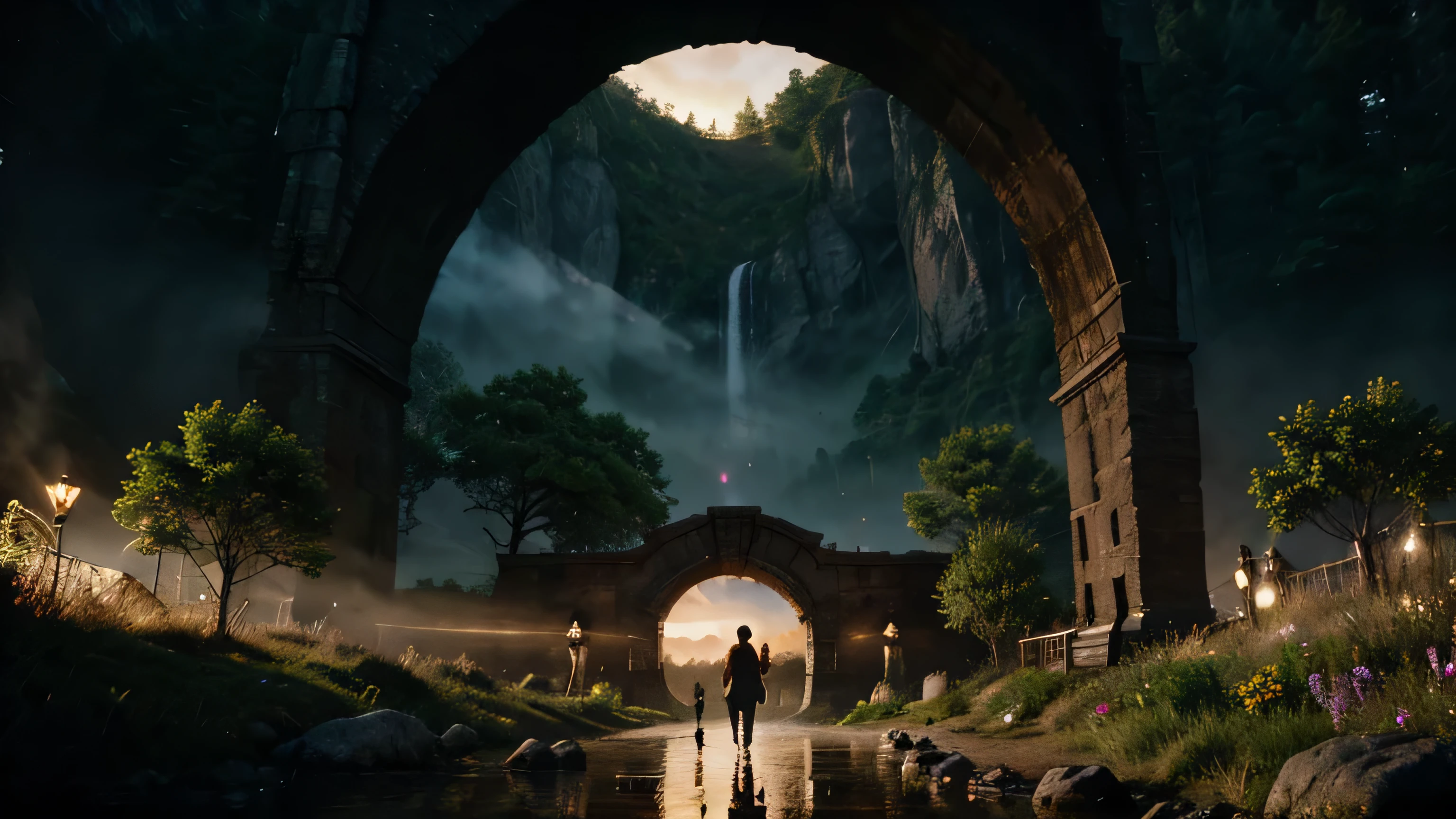 men and pretty girl, walking togetther towards a glowing portal, doorway to a strange and mysterious dimension, create a magical landscape, forest with rivers, city, rocks, mountens, river, with nice sunrise sky with greenery and foliage Epic cinematict atmospheric maximalist detail realisme, masterpiece