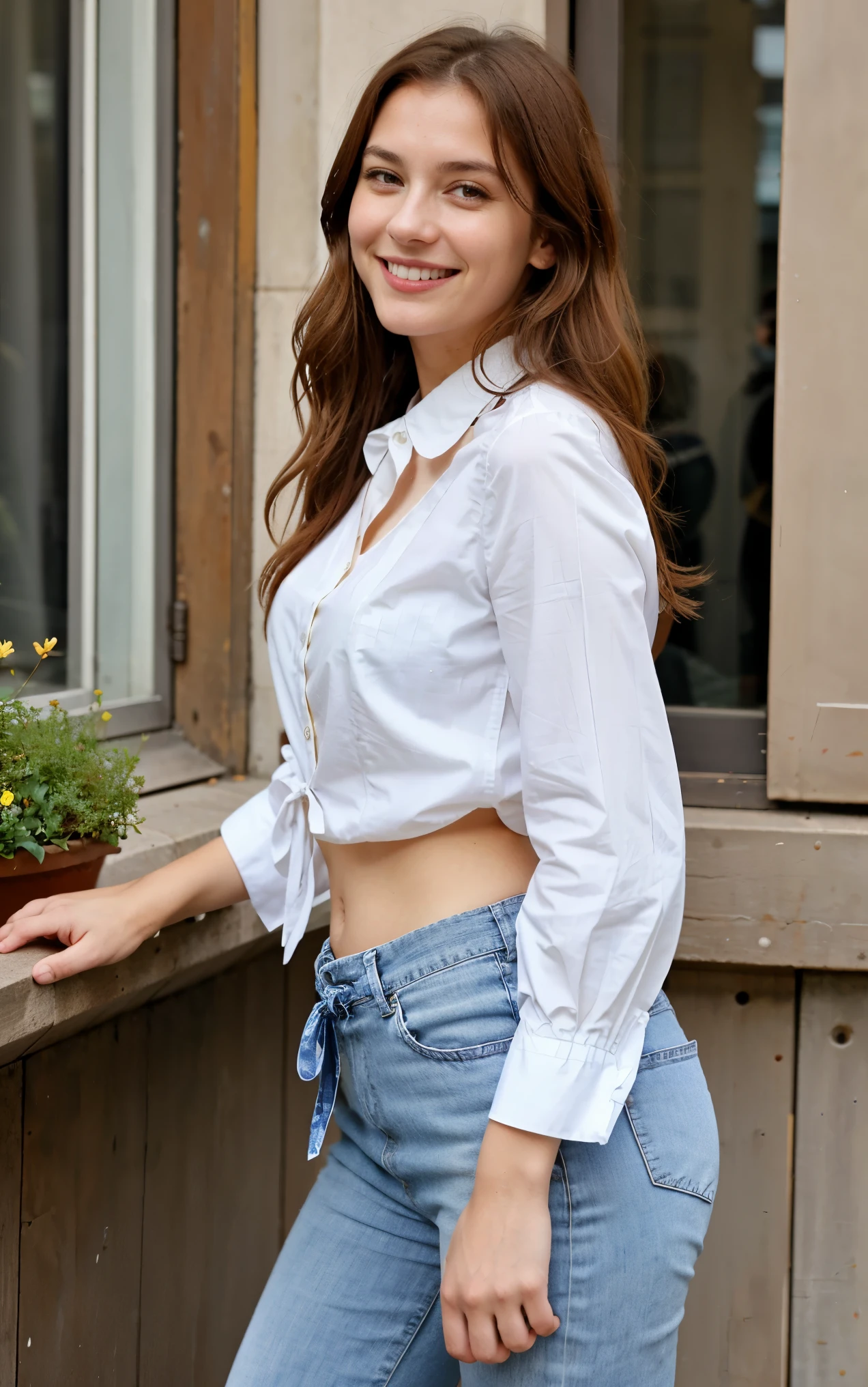 belle fille brune, sur le balcon d'une rue de paris, dressed in'un pantalon long un jean et d'a top Mango - Polka dot blouse with high collar and ties at the sleeves - Red, wavy brown hair, contient une bouteille de shampoing, very smiling, pose pour la photo