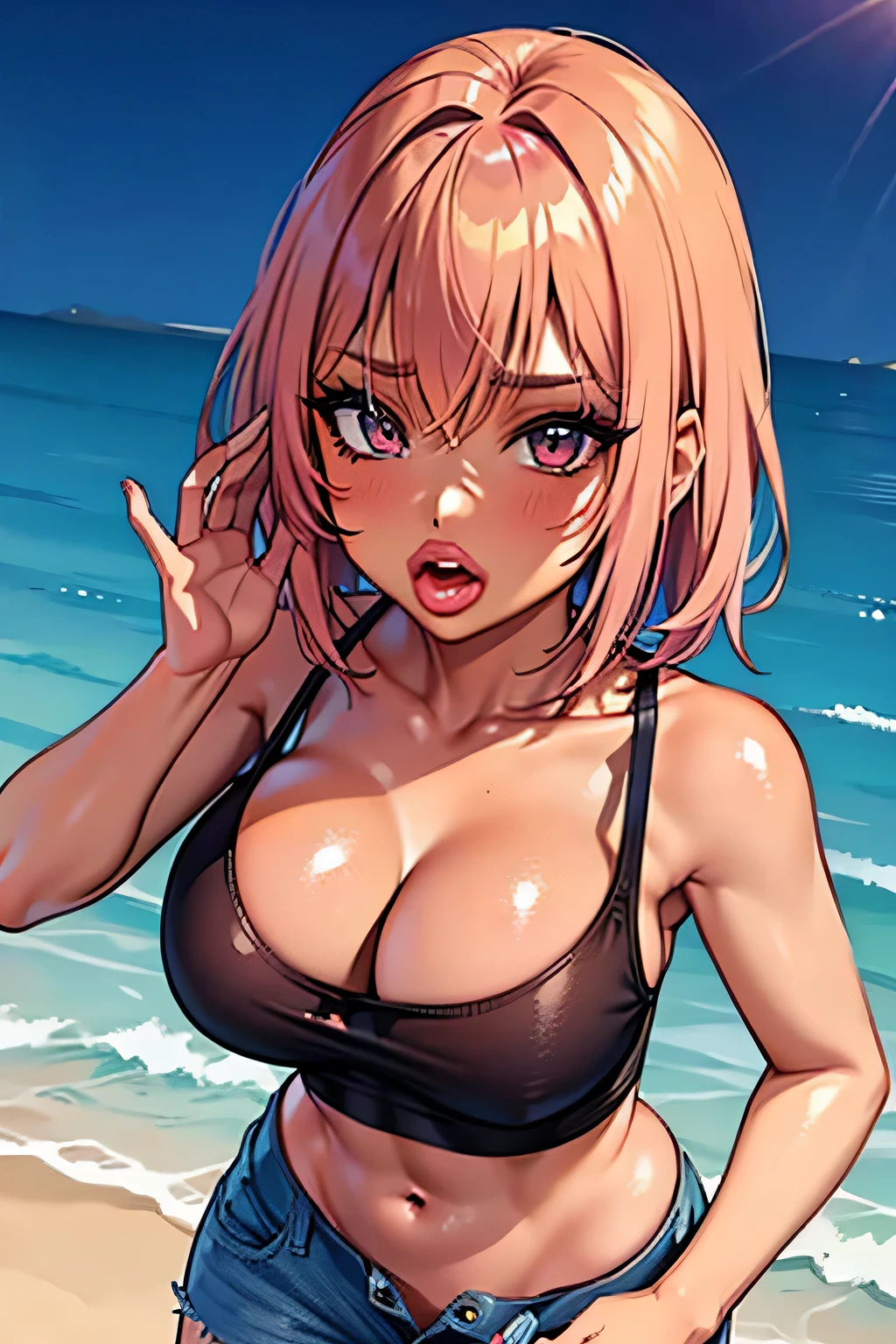 there is a cartoon of a girly boy with short pink hair, Sozinho, um desenho de anime de Ei-Q, vencedor do concurso pixiv, gothic art, estilo de arte anime moe, 1 anime de 7 anos, retrato estilo anime, em estilo anime, Femboy Demon, estilo anime plano, bonitinho, crossdresser de regata e shorts jeans, pose de sacanagem, Heavy breathing, pele bronzeada escura, bronzeado profundo
