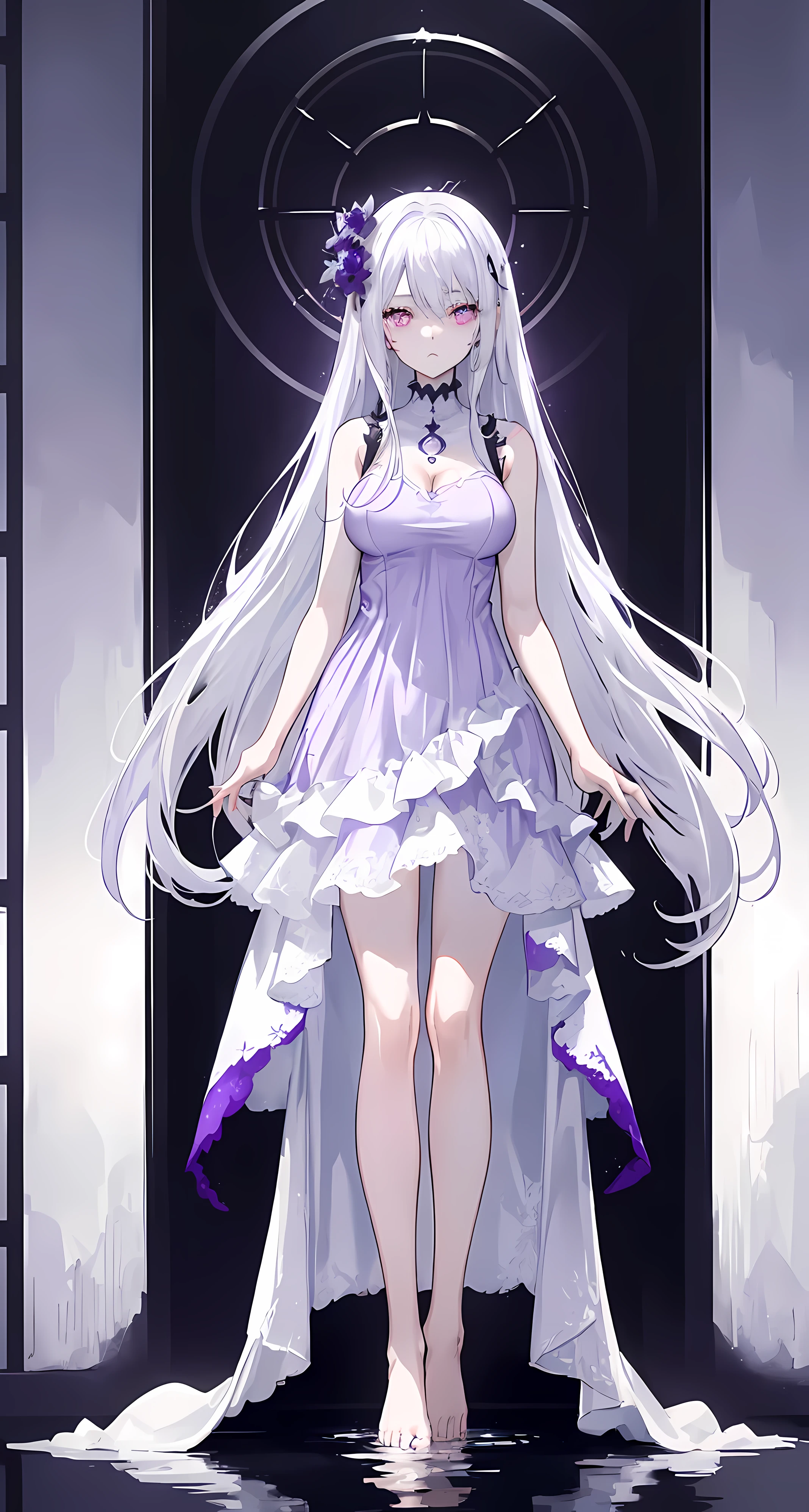 ((masterpiece:1.4, best quality))+, (Super detailed)+,(super detailed eyes)+,
(cute 1girl),15 years old,(scarlet eyes:1.15),silver hair, very long hair,messy hair,(Variza:1.2),Pale complexion,shut up,sad,
(She is wearing a violet dress:1.5),(Big breasts:1.3),(Off-white dress:1.4),(Violet clothes:1.2),(skinny:1.4),
(despair:1.3),Gothic,
leaf,(vine tree:1.1),
(Silver moonshine:1.2),red,
(Heavy monochrome:1.16),(depth of field:1.4),(round,Room, firm breasts),barefoot,float,water surface,(long legs,long legs,long legs,Gestalt),full-body shot。standing posture