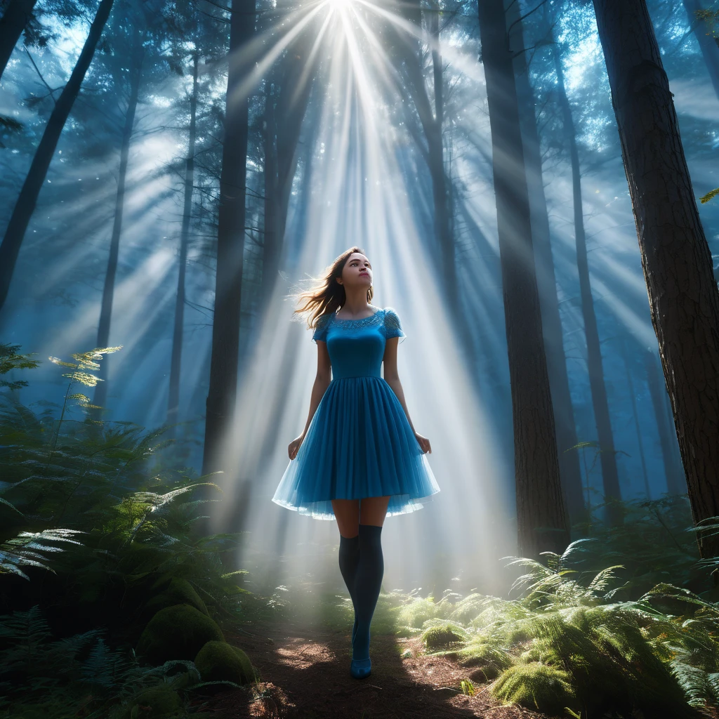 Tyndall Effect, aesthetic, extremely detailed, masterpiece, best quality, Tyndall effect, light beams, 1girl, solo, blue dress, thighhighs, standing, looking up, in forest, trees, sunlight rays, volumetric lighting, cinematic lighting, light rays, light scattering, volumetric fog, mist, atmosphere, photorealistic, 8k, unreal engine, octane render
