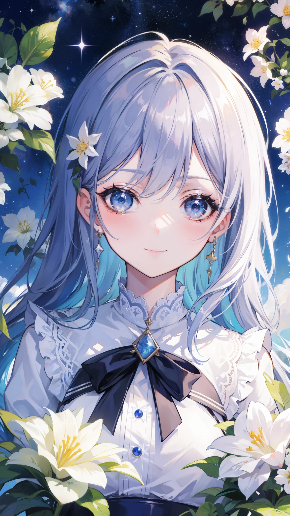 32k, highest quality, expensive_solve, clear_image, detailed background, girl, flower, garden, starry sky, Beautiful modeling, smile, close up of face, 