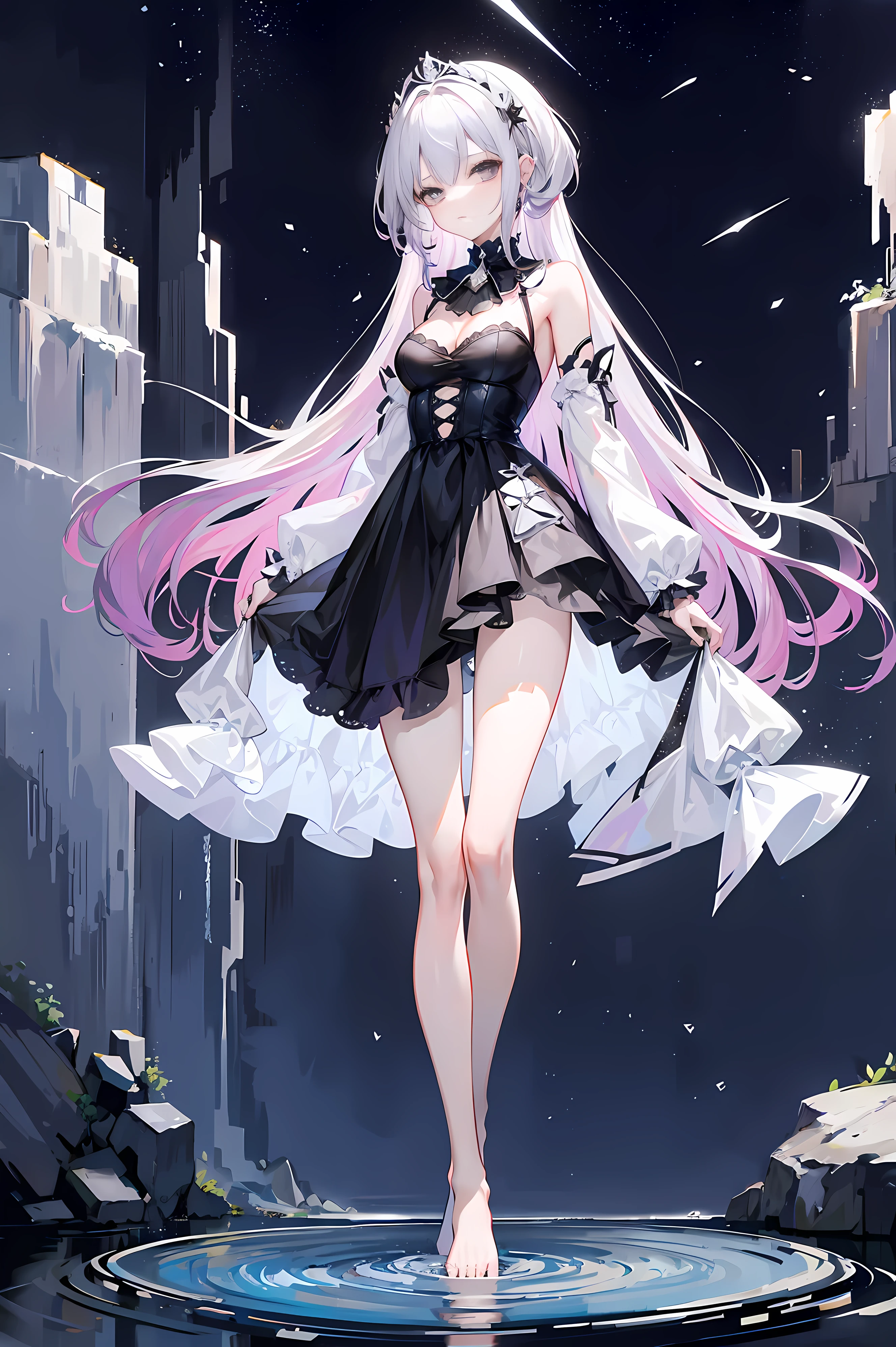 Lilac gradient hair,asymmetrical hair,((Hair is very thick 1.8,Well-defined head 1.6)), hair past shoulders, messy hair, very long hair, shiny hair,(long gray hair:1.2),a beautiful girl,(Luxury Platinum Mini Ultra Short Platinum ta,Made of transparent material),(Transparent clothes transparent 1.8),Perfect body,big thin legs,slim,(looks sad,Looking haggard ,sad,shut your mouth:1.2) Against the backdrop of an unusually bright dark starry sky,(Put your hands behind your back),(round,Room, firm breasts),barefoot,float,water surface,(long legs,long legs,long legs,Gestalt),full-body shot。standing posture