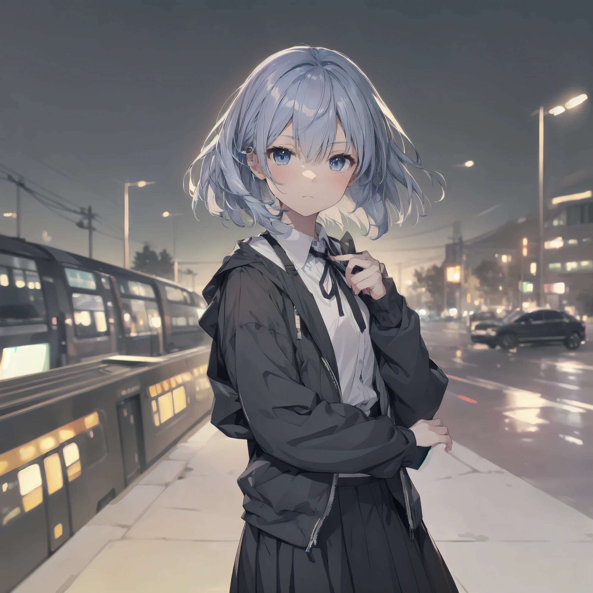 Super absurd quality by the god of art, super detailed, High resolution, artist:dark black, artist:Rinzo, artist:shinkai makoto, anime moe art style, Best Anime 8K Kona-chan Wallpaper, pixiv contest winner, perfect anatomy, break,(眠そうにalone学校へ行く女の子を描いてください. )break,1 girl, (alone, woman, baby fears old:1., full finger,, The charm of an immature body, (very_short hair), bangs, small ass, between legs,small black eyes, detailed and beautiful eyes, Well-proportioned iris and pupils, expressive eyes, sleepy eyes, High resolutionの詳細な髪, neck ribbon, skirt, collared shirt, pleated skirt, school uniform, school bag,(detailed lighting), (detailed background), On the way to school. break,super dense skin, Best cinematic lighting powered by famous artist, 8k,collaboration illustration,photoshop_(Moderate),Absurd Hi-Res,Hmm,rough skin