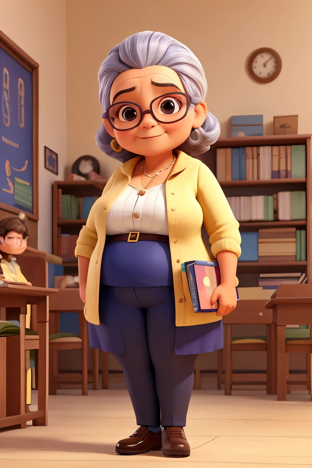 pequena professora feminino gorda idosa 75 anos de idade, huge head, rosto gordinho, cebelos curto grisalho, wearing round gold thin frame glasses, segurando livros, olhos altamente detalhados , full body view, figuras de sala de aula