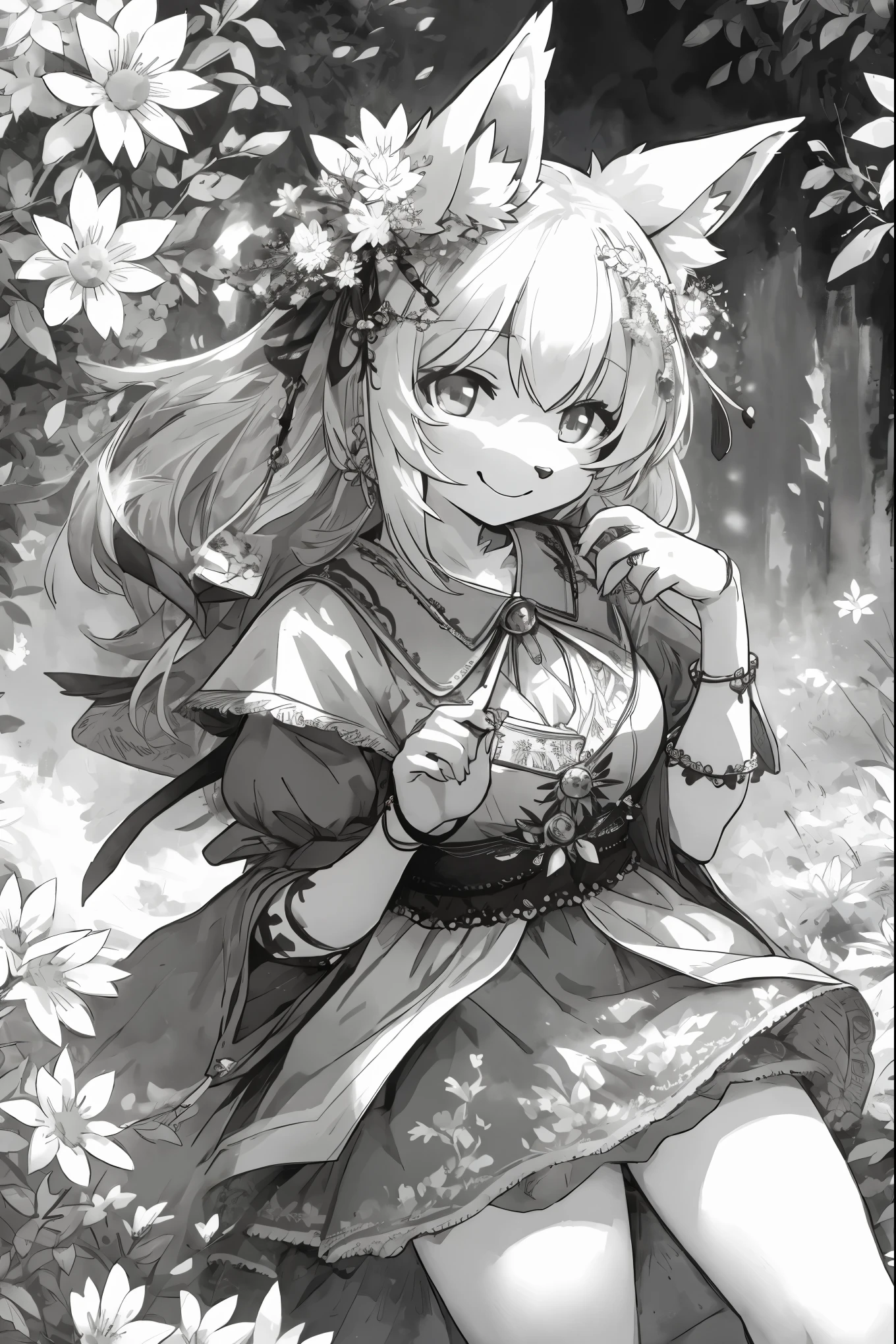 monochrome, watercolor, highres, top quality, best quality, paid reward available, High-quality illustrations, unparalleled masterpiece, perfect artwork, absurdres, 1girl, kemono, furry, detailed body fur, animal face, animal hand, Archaic Smile, holding a cluster of silver flower in both hands, which are positioned at chest level, She is wearing a simple ring on the ring finger of her left hand, unfocused spread of silver flower, fan-created work shared on platforms Pixiv or Twitter,