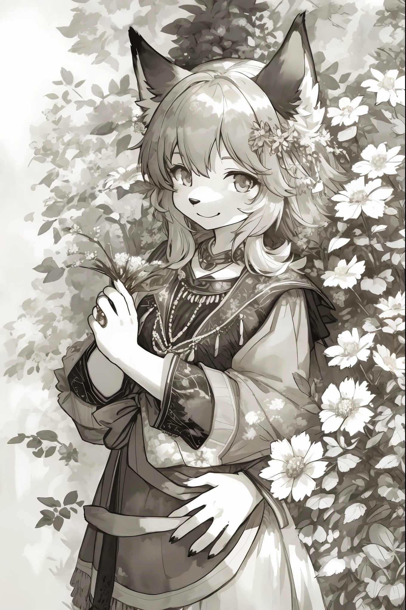 monochrome, watercolor, highres, top quality, best quality, paid reward available, High-quality illustrations, unparalleled masterpiece, perfect artwork, absurdres, 1girl, kemono, furry, detailed body fur, animal face, animal hand, Archaic Smile, holding a cluster of  silver flower in both hands, which are positioned at chest level, She is wearing a simple ring on the ring finger of her left hand, unfocused spread of silver flower, fan-created work shared on platforms Pixiv or Twitter,