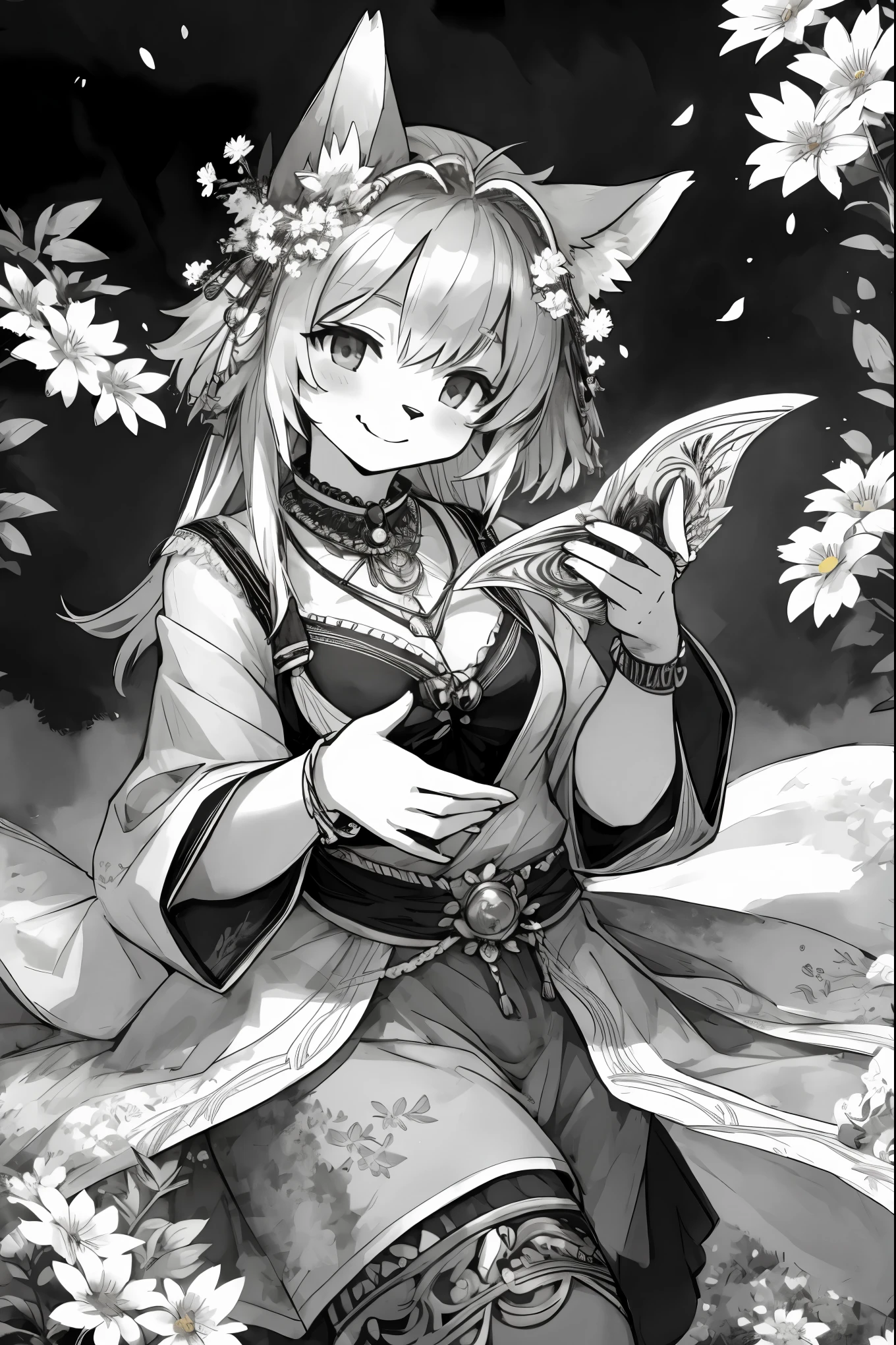 monochrome, watercolor, highres, top quality, best quality, paid reward available, High-quality illustrations, unparalleled masterpiece, perfect artwork, absurdres, 1girl, kemono, furry, detailed body fur, animal face, animal hand, Archaic Smile, holding a cluster of silver flower in both hands, which are positioned at chest level, She is wearing a simple ring on the ring finger of her left hand, unfocused spread of silver flower, fan-created work shared on platforms Pixiv or Twitter,