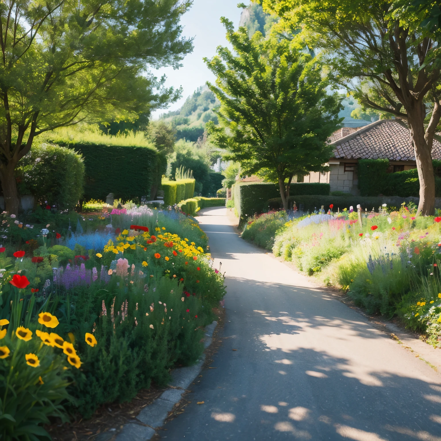 Beautiful rural village scenery,Colorful watercolor illustration,Bright colors and delicate brushstrokes。The early morning sun shines on the path in front of the village,flowers bloom,Tree-lined。Let people feel the beauty of nature and the tranquility of countryside