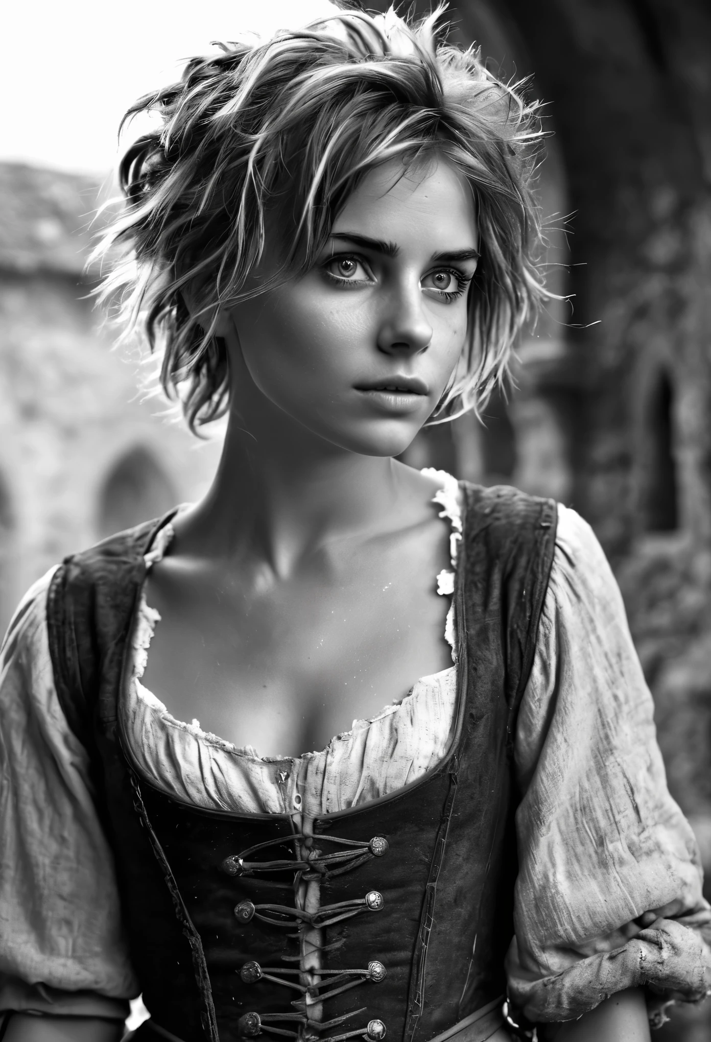 Photorealistic, cute woman with messy hair and poor tattered clothes, cute sexy, (detailed medieval background), ultra sharp focus, detailed face, (((posing))), random hair color, short hair, beautiful eyes, full body, high quality black and white analog photo, depth of field, film grain