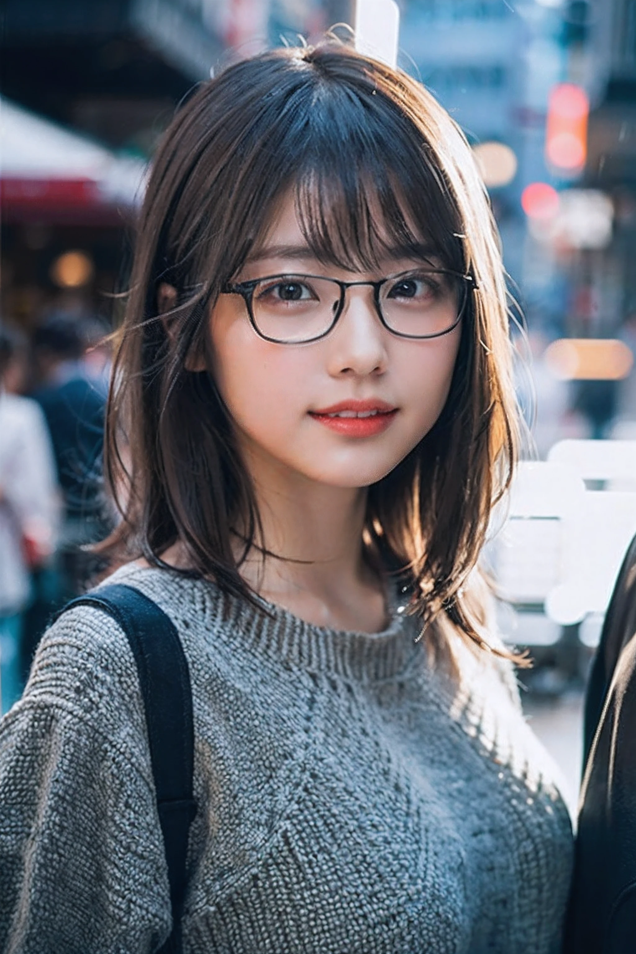 (8k、Raw photo、highest quality、masterpiece:1.2)、(realistic、Photoreal:1.37)、super detailed、超A high resolution、1 girl、see the beholder、beautiful and detailed face、laughter、narrow、(slim waist) :1.3)、Fine and beautiful skin、skin texture、floating hair、professional lighting、In the rainy city、My hair and clothes are a little wet、black rimmed square glasses、human body as a whole、brown hair