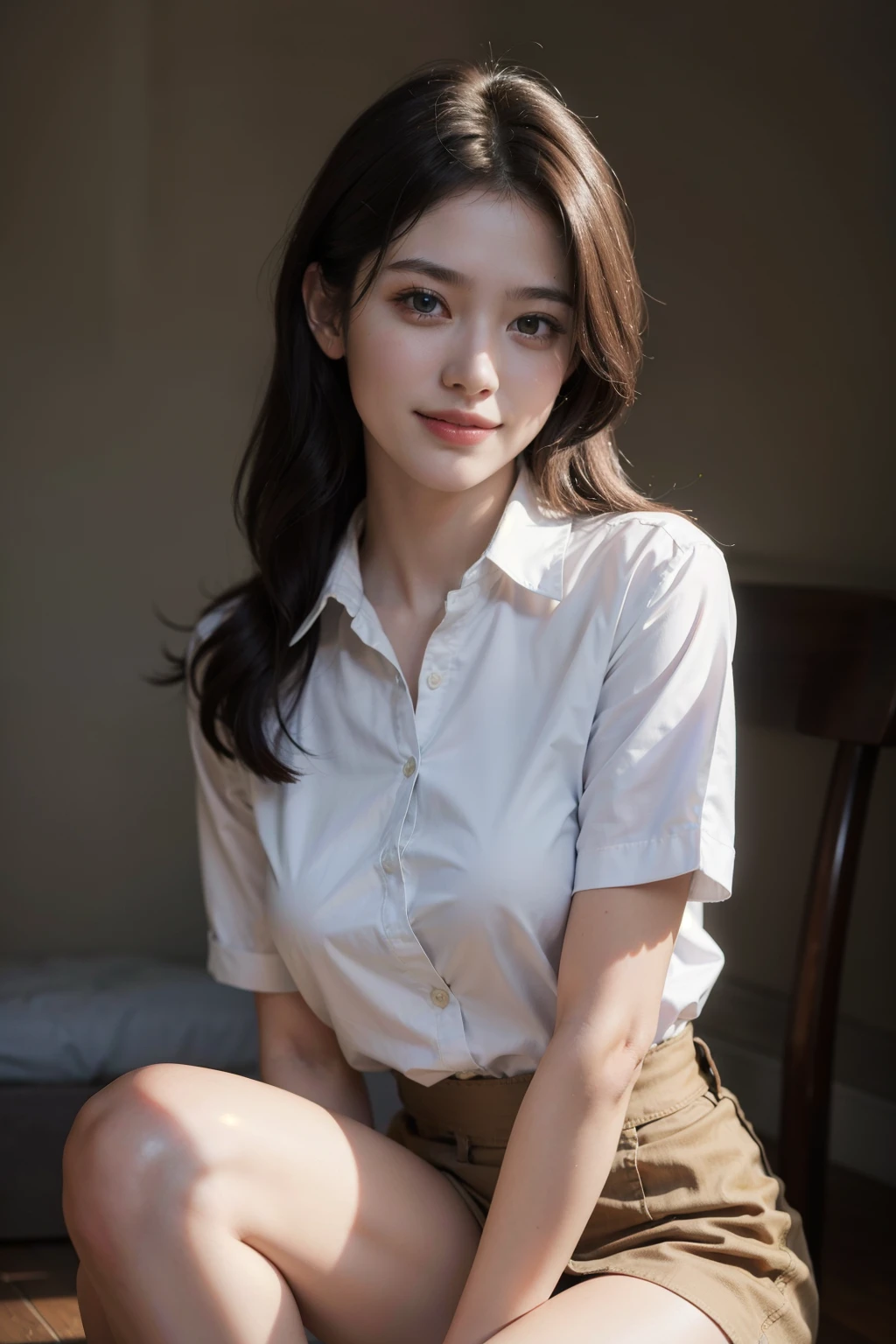 best quality, masterpiece, (photorealistic:1.4), 1girl, light smile, shirt with collars, waist up, dramatic lighting, knee-chest position
