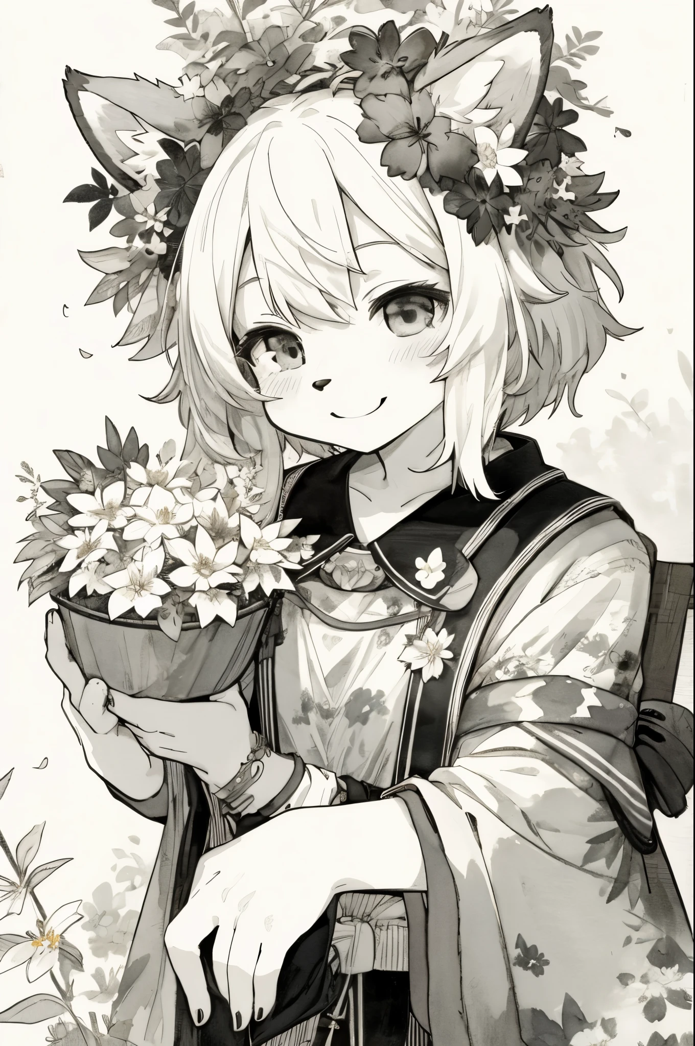 monochrome, watercolor, highres, top quality, best quality, paid reward available, High-quality illustrations, unparalleled masterpiece, perfect artwork, absurdres, 1girl, kemono, furry, detailed body fur, animal face, animal hand, Archaic Smile, holding a cluster of Cooper flower in both hands, which are positioned at chest level, She is wearing a simple ring on the ring finger of her left hand, unfocused spread of Cooper flower, fan-created work shared on platforms Pixiv or Twitter,