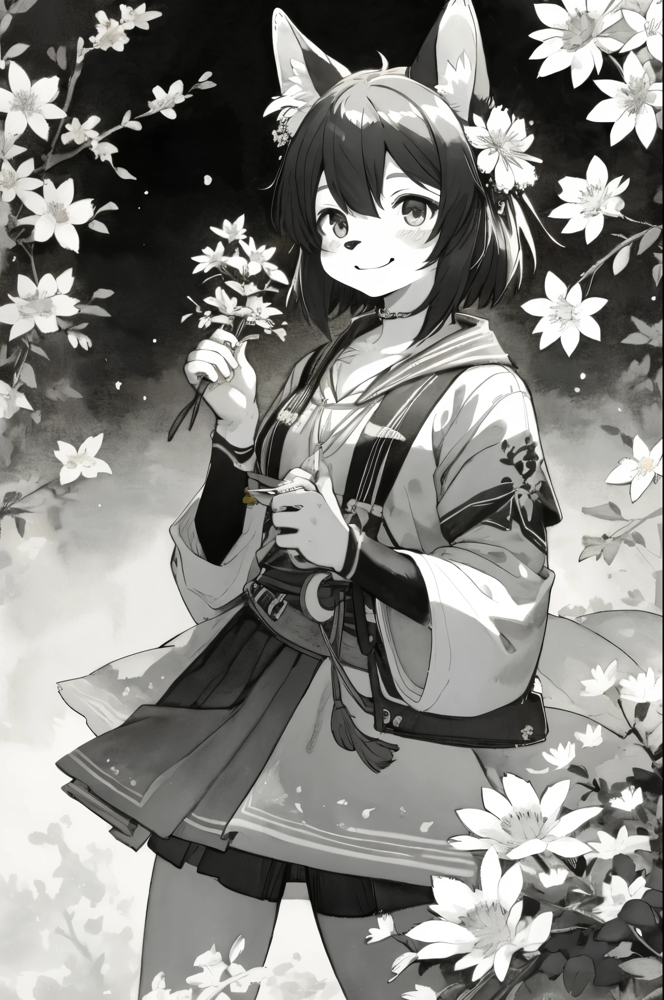 monochrome, watercolor, highres, top quality, best quality, paid reward available, High-quality illustrations, unparalleled masterpiece, perfect artwork, absurdres, 1girl, kemono, furry, detailed body fur, animal face, animal hand, Archaic Smile, holding a cluster of Cooper flower in both hands, which are positioned at chest level, She is wearing a simple ring on the ring finger of her left hand, unfocused spread of Cooper flower, fan-created work shared on platforms Pixiv or Twitter,