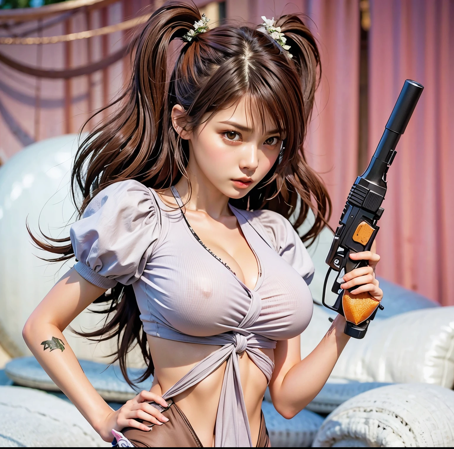 Masterpiece, pretty girl, busty slim firm body, gun