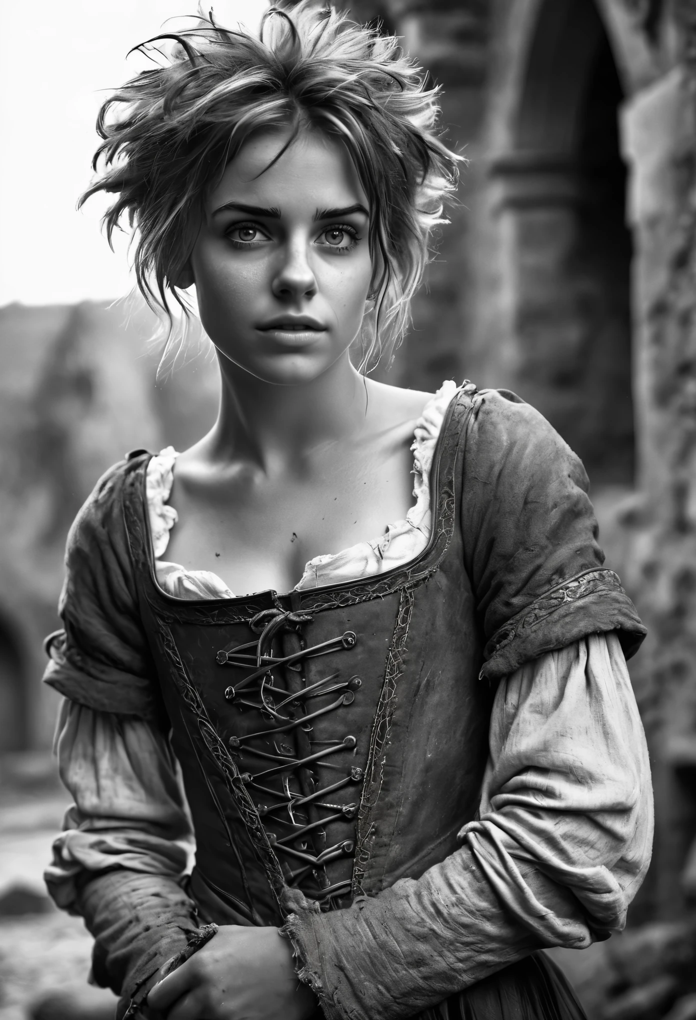 Photorealistic, cute woman with messy hair and poor tattered clothes, cute sexy, (detailed medieval background), ultra sharp focus, detailed face, (((posing))),  random hair color, short hair, beautiful eyes, full body, high quality black and white analog photo,  depth of field, film grain 