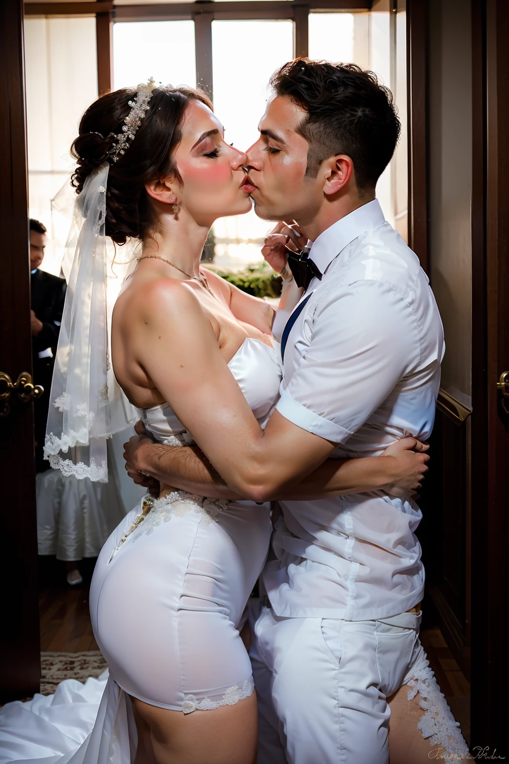 realistic , 1girl beautiful bride,1boy handsome groom ,Standing Kiss , wedding