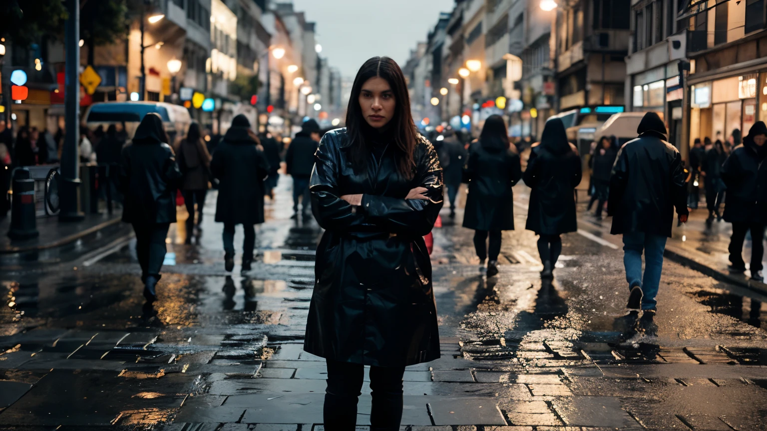 8K photographic portrait of a sad-looking middle-aged woman in a black raincoat, on a pedestrian crossing busy with many people but she appears to be left alone alone rejected by all these people in Buenos Aires, Argentina, obelisk at night, highly detailed, vibrant, cinematic production, reflections on wet streets, 8K, film grain, this woman has to be surrounded by people