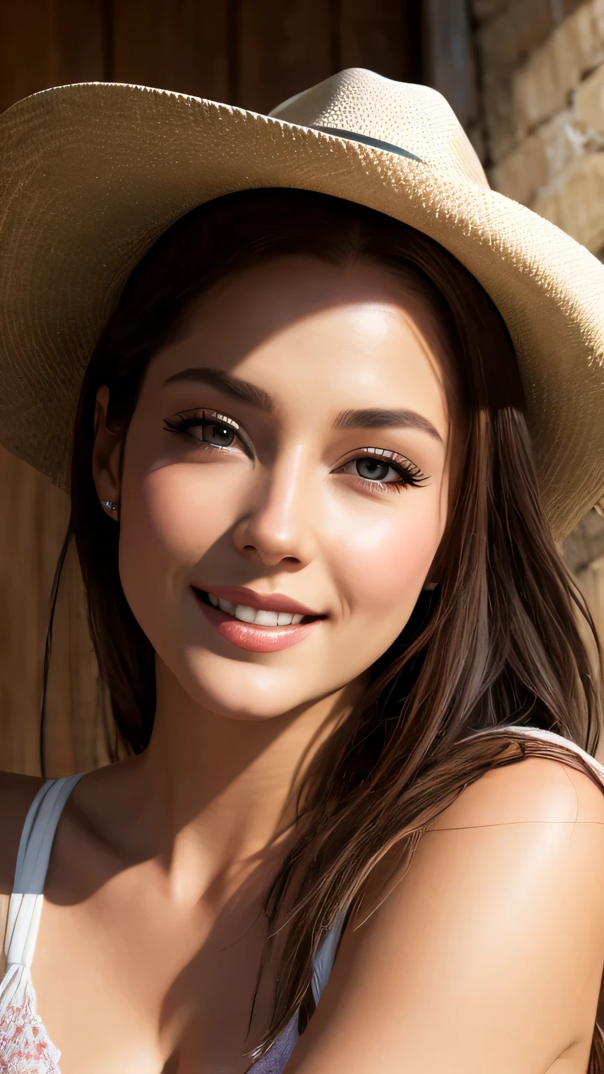 a straw fedora hat, Overall, denim, (Rubber boots:1.2), (Work gloves:1.3), Agricultural operations, The best smile, Driving on a tractor, Corn field, cones, There are llamas ,There are alpacas, photo-Realistic, Masterpiece, (oval face shape, asymmetrical face structure, almond eye type, hazal eye color, detailed eyes, brown hair color, 32 inch breasts, hourglass figure, slim body, pale white skin tone, seductive girl, sexy girl, 21 years old, soft straight hair, beautiful girl, hot dress, trendy hairstyle, professional makeup)