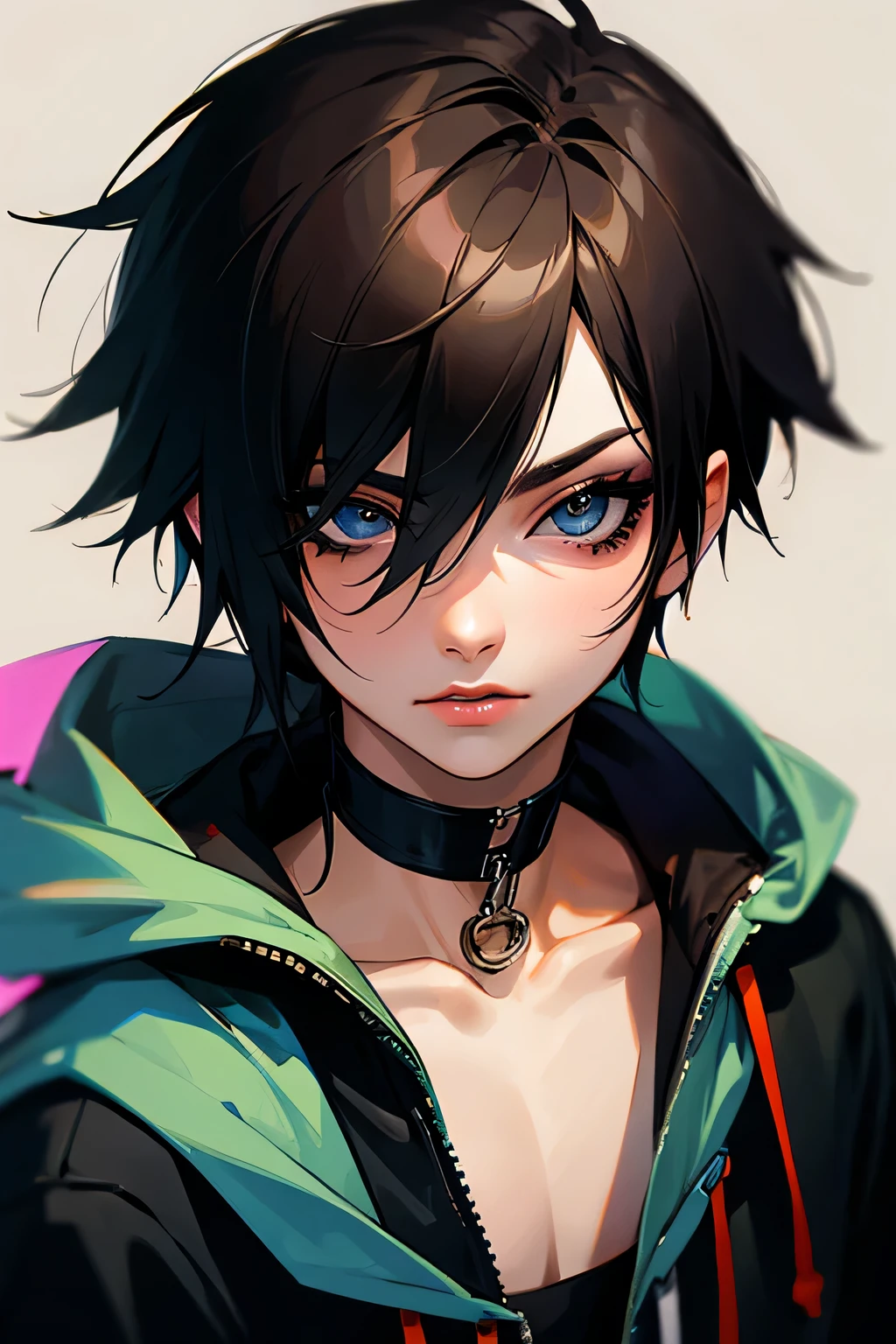 anime, semi-realistic, young adult, emo, cute, edgy, hoodie, male, rockstar, portrait, eyeliner, eye shadow