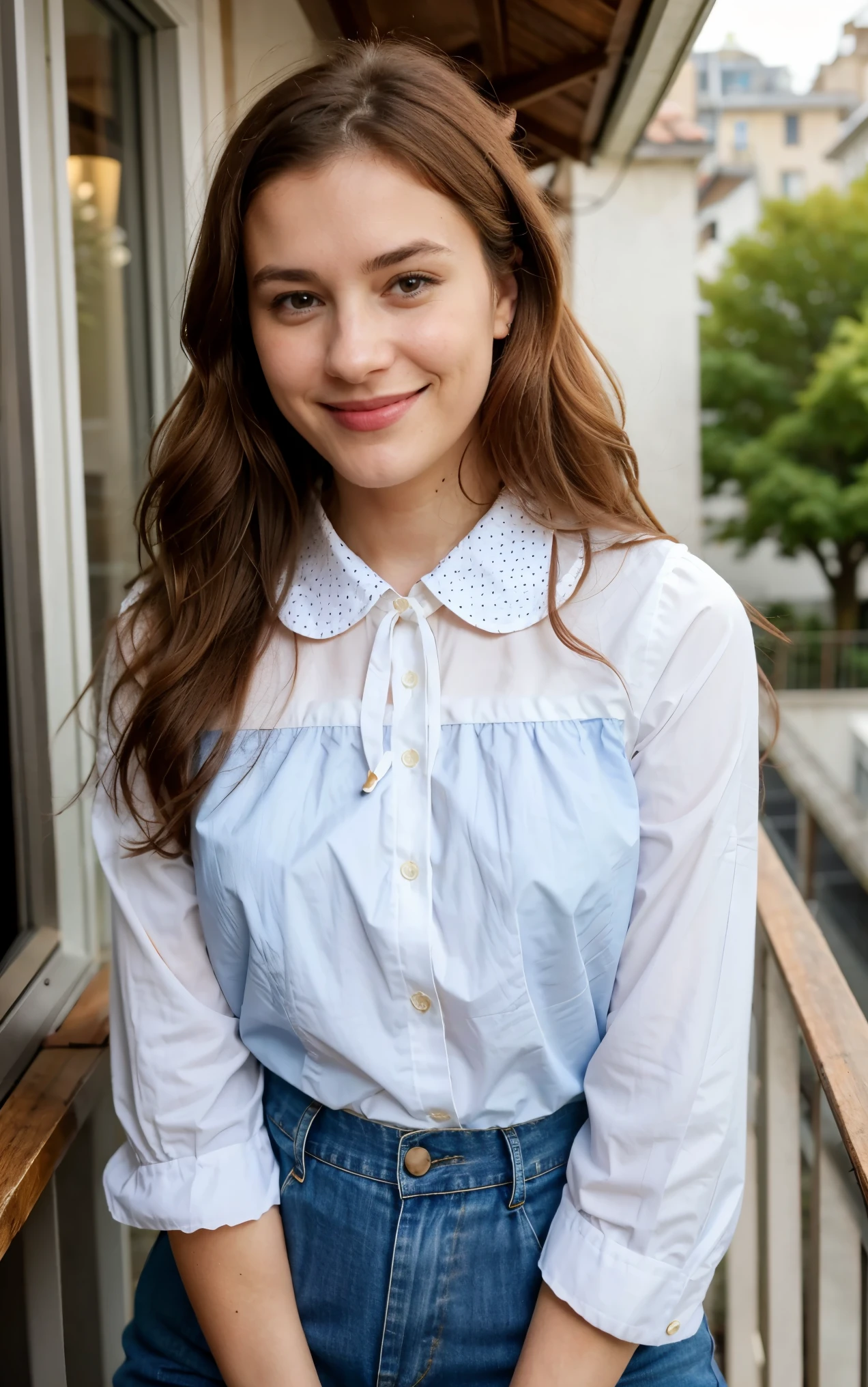 belle fille brune, sur le balcon d'dans un cabinet de comptable, posant pour une publication instagram, dressed in' vêtements de comptable un jean et d'a top Mango - Polka dot blouse with high collar and ties at the sleeves - Red, wavy brown hair, contient une bouteille de shampoing, very smiling, pose pour la photo