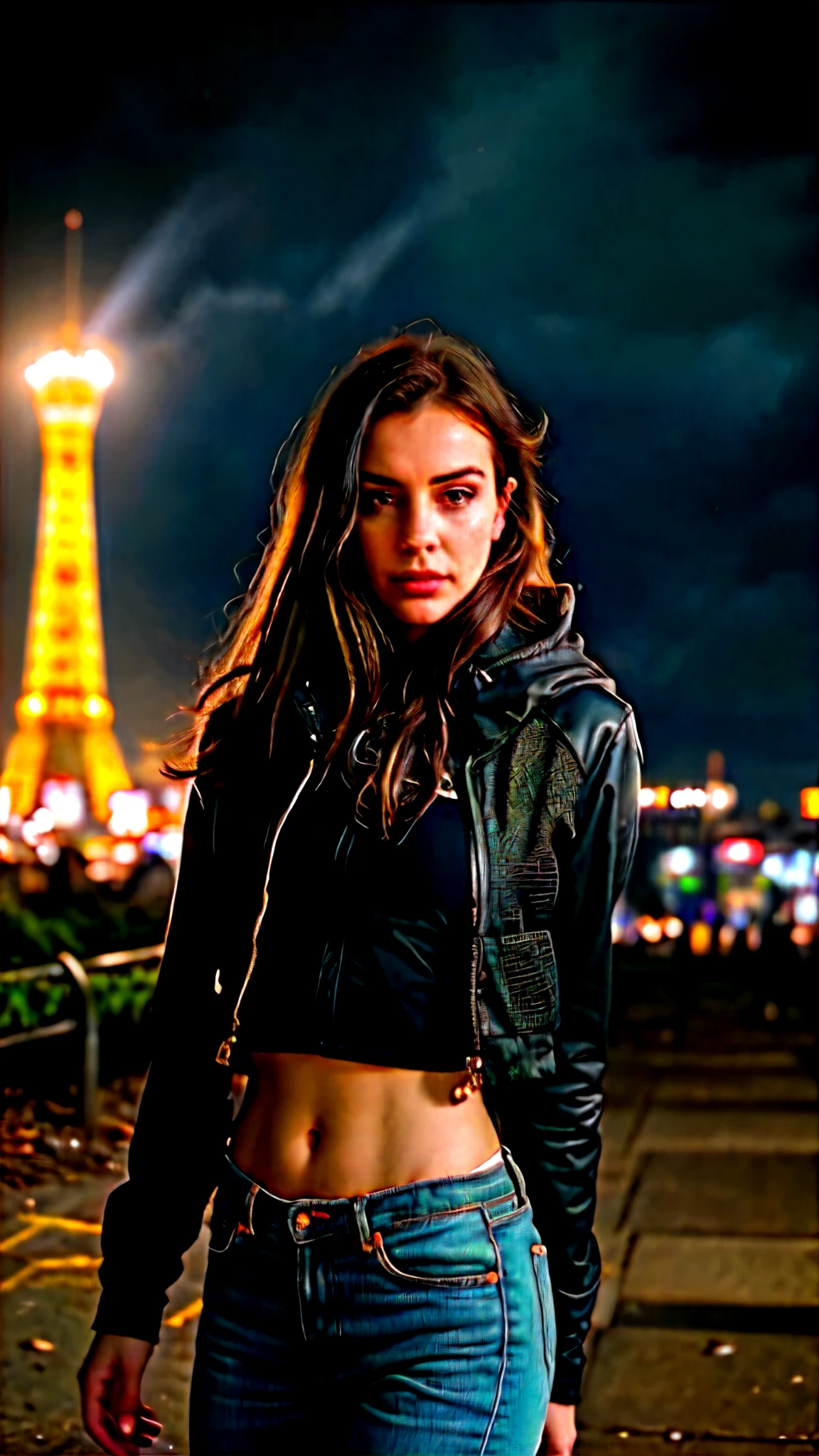 cyberpunk cute young woman, at central plaza of post apocalyptic city, Light field photography, wide angle lens f/2.8, ultra insane high resolution intricate textures, texture indentation, 32k raw professional photo, perfect perspective, perfect geometry, ultra insane ambient lighting, ultra insane ambient shadows, luminism, ultra detailed busy background, bouncing lighting, tessellation, maximalism, IPA Award wining masterpiece, art by Afremov, Kashin, Aenami, Jeremy Mann, octane render, global illumination, lightning placement art,