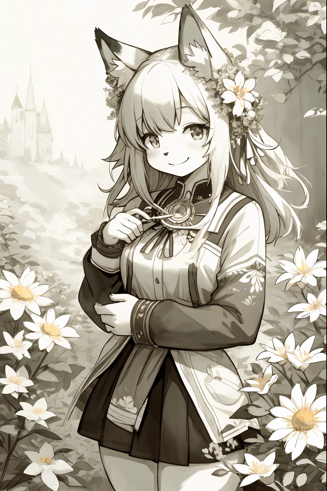 monochrome, watercolor, highres, top quality, best quality, paid reward available, High-quality illustrations, unparalleled masterpiece, perfect artwork, absurdres, 1girl, kemono, furry, detailed body fur, animal face, animal hand, Archaic Smile, holding a cluster of Cooper flower in both hands, which are positioned at chest level, She is wearing a simple ring on the ring finger of her left hand, unfocused spread of Cooper flower, fan-created work shared on platforms Pixiv or Twitter,