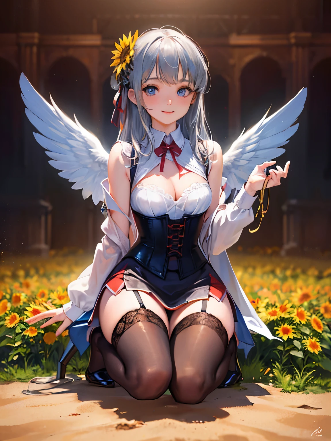 ((focus on the face)),NSFW, ((Cute symmetrical face)),8k, highest quality, photo realistic, Highly detailed 8k wallpaper,、((Biologically correct limbs、number of fingerasterpiece:1.2, highest quality), (realistic, photorealistic:1.4), beautiful illustrations, (natural side lighting, movie lighting), girl,blue-silver hair, 25 years old, perfect face, perfect body, shiny skin, beautiful hair, beautiful face, beautiful eyes, 緻密でbeautiful eyes, beautiful body, beautiful breasts, beautiful arms、((beautiful thin legs)), (small butt、Narrow thighs),blush,、 (High heels of the same color on the left and right、anklet), (upward glance、cute smile), (shirt、corset、pencil skirt)、bra、toe stockings、garter belt)、detailed facial depiction、big, kind eyes、(The background is a sunflower field、outdoors)、Crouching figure、Bewitching,、(Photographed from an angle)、