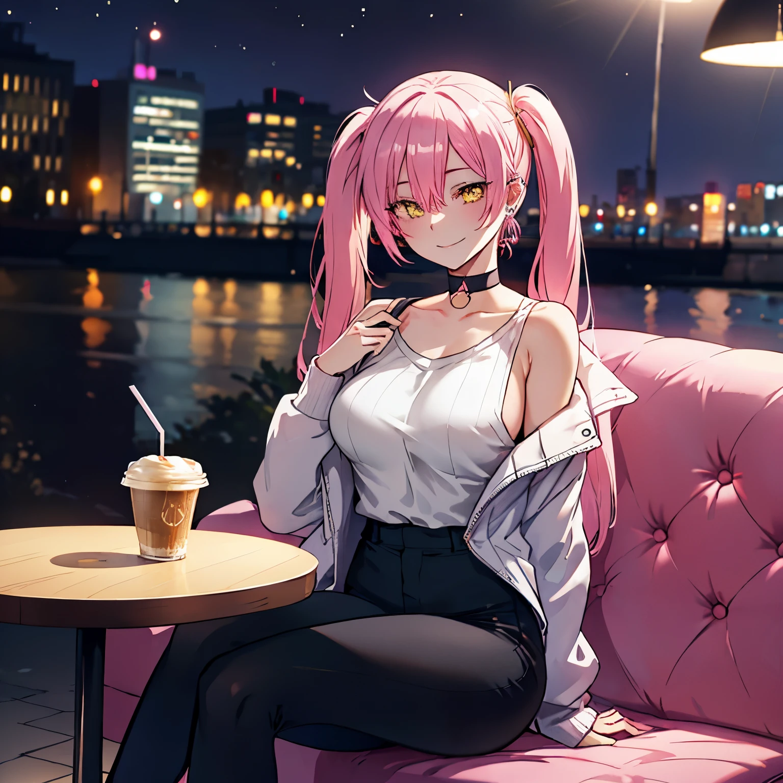 1 girl, yellow eyes, twintails hair, long hair, pink hair, medium breasts, medium ass, smile, Happy, Hairpins, Choker, smile, happy face, city, Night, Earrings, Leggings, light gray sweater with off shoulders, coat pink, Sitting at the table, table, chair, Blurred background, in a cafe, drinking coffee ultra detailed, 8K wallpaper, reflection light, ray tracing, realistic