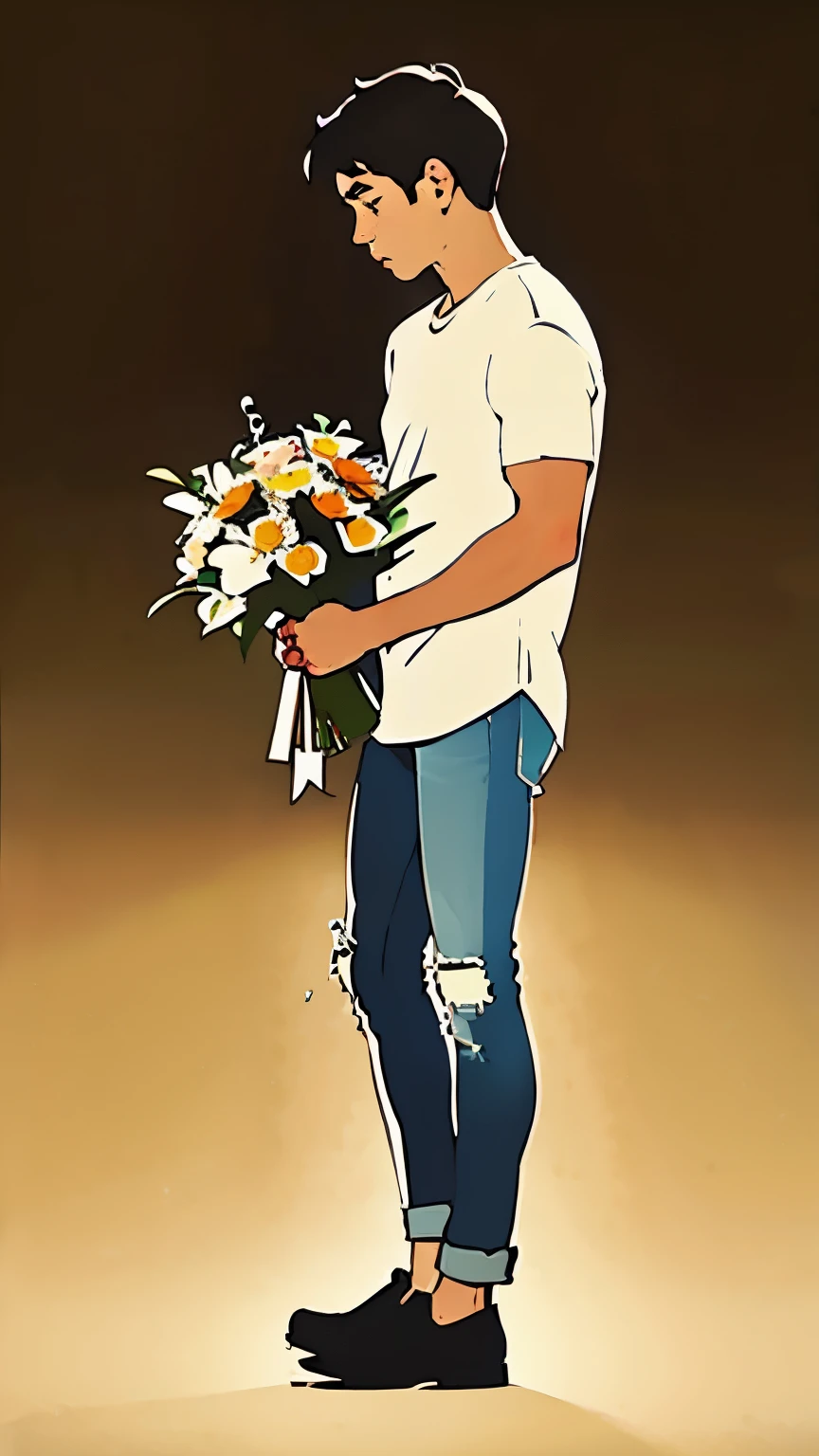 Thin man holding flower bouquet, white shirt, long jeans, sad face, full body, side view, empty white background