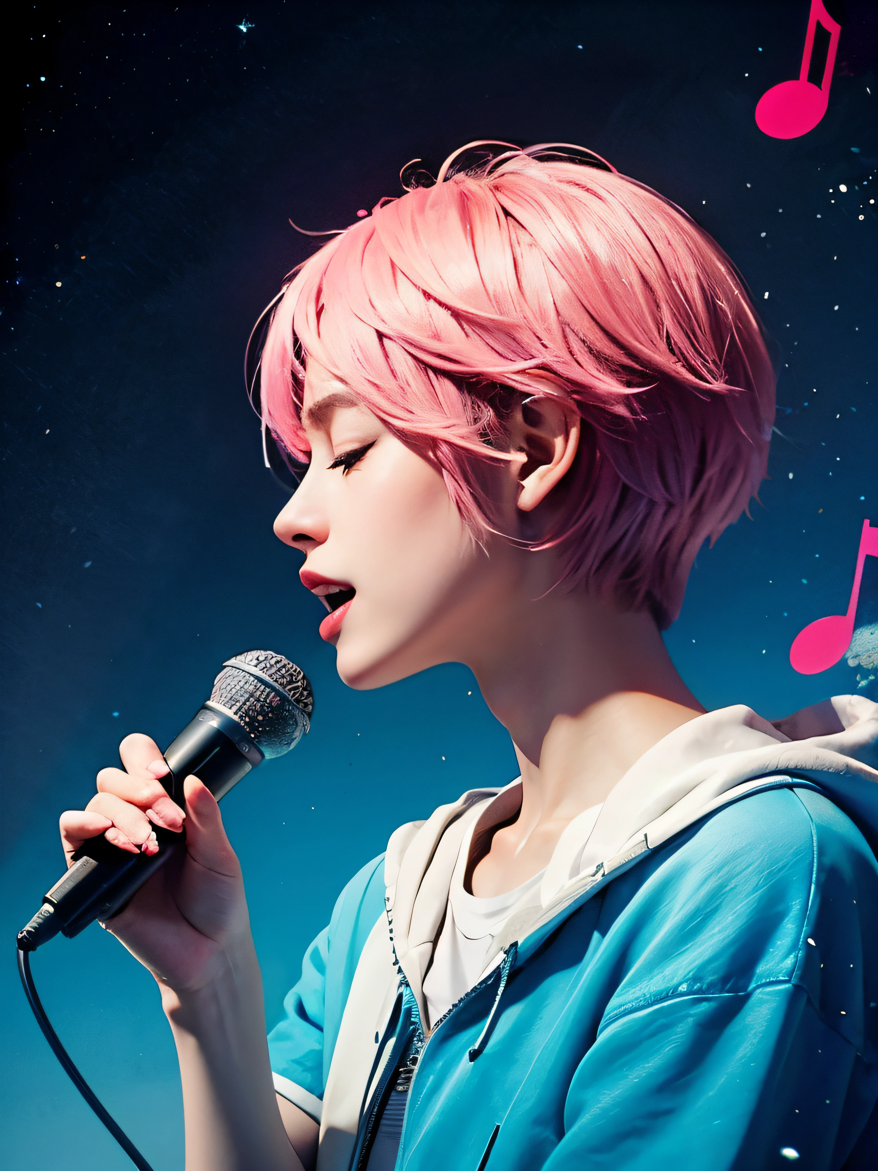 highest quality, wide angle, male, profile, pink hair, sing with short hair, microphone, closed my eyes, bright colors, bright colors, Musical notes that float like magic
