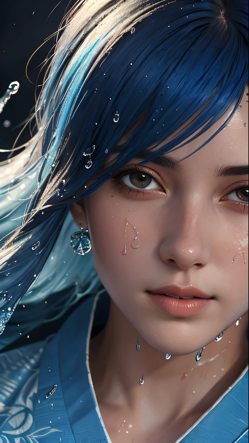 (best quality, masterpiece, colorful, dynamic angle, highest detailed)full body photo, ull body photo epic realistic, (close up), 1girl, floating blue_hair, long hair, (water:0.7), waterdrop, wet, holding_katana, blue_kimono with intricate pattern, ultra detailed, (textured_clothing), black_background, (intricate details, hyperdetailed:1.15), detailed, light passing through hair, (official art, extreme detailed, highest detailed),