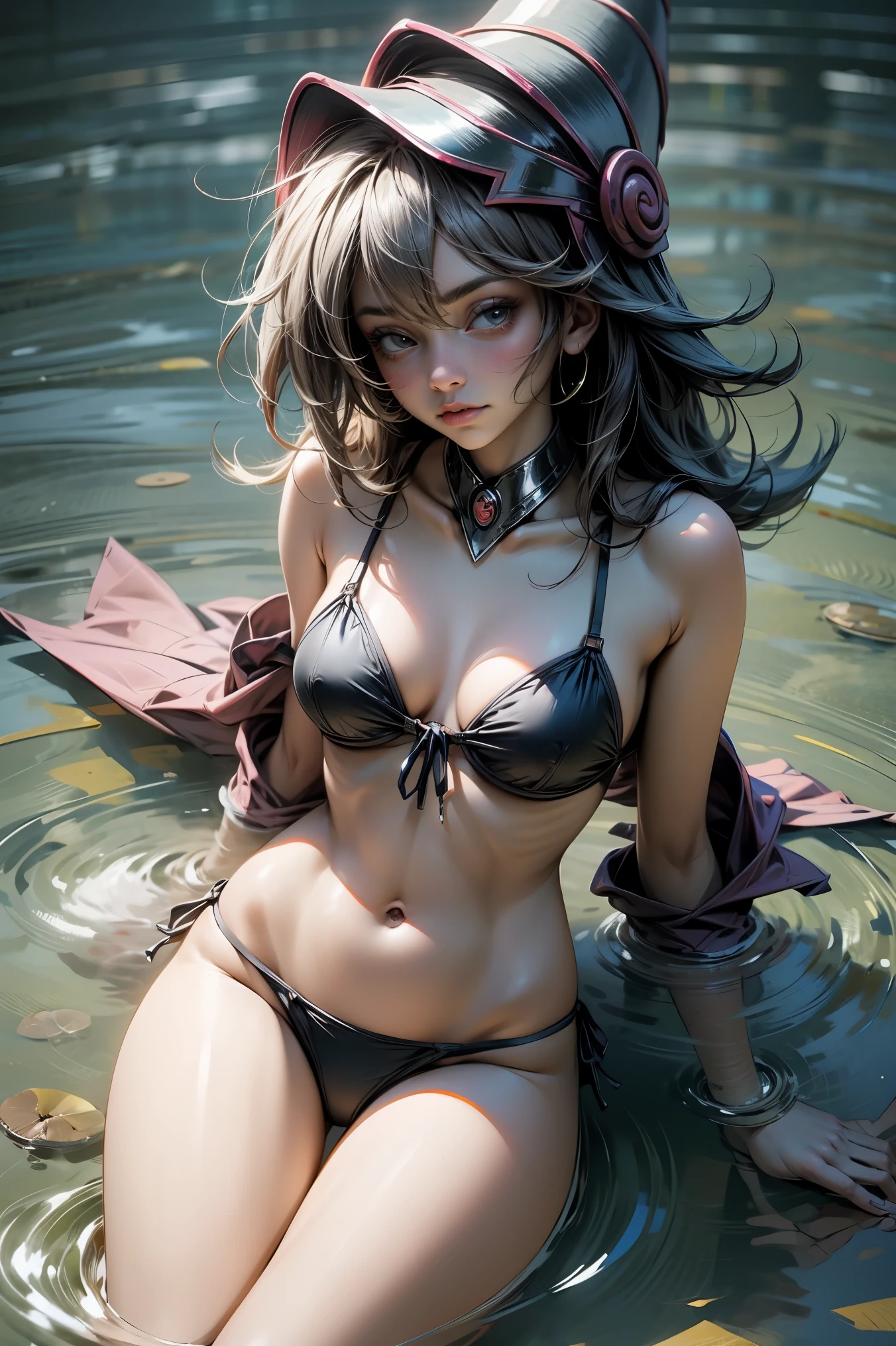 Hermosa dark magician gils en bikini. She is in the middle of the sea playing with the water. Cabello rubio. Ojos azules. Labios rojos. Bikini. Cuerpo mujado. Pose sensual y juguetona. Tiene el cuerpo lleno de agua. It's wet.