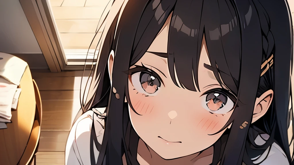 20 year old woman、hair is brown、long hair、eyes are big、one&#39;s home、sitting、Crying with joy、close up of face、