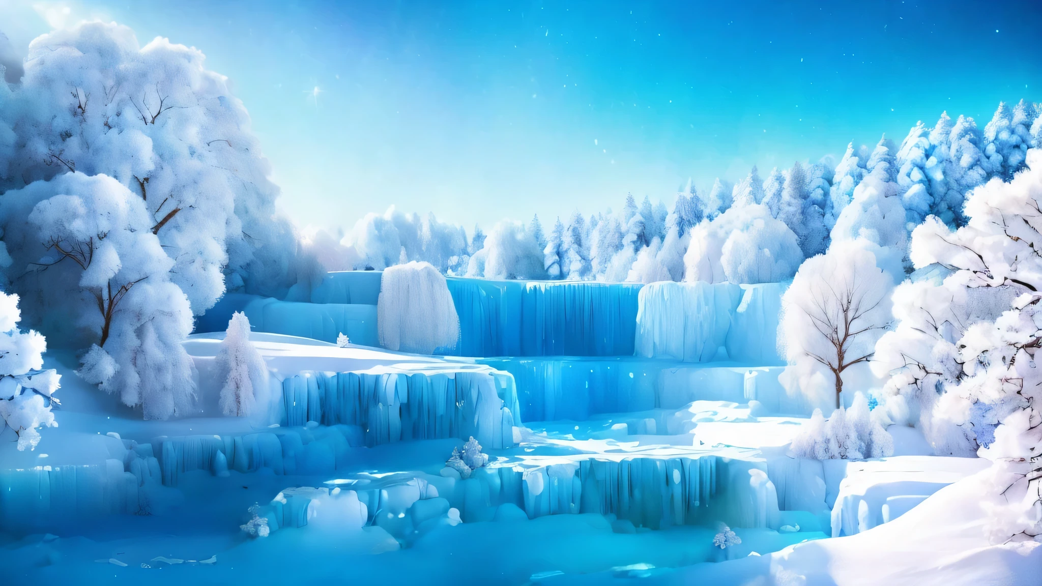 a large waterfall is surrounded by snow covered trees and frozen water, cold blue colors, cold but beautiful, icy landscape, really beautiful nature, frozen waterfall, beautiful snowy landscape, surreal frozen landscape, beautiful wallpaper, by Gabor Szikszai, icy, snow and ice, natural landscape beauty, hd wallpaper, stunning sight, very beautiful photo, blue liquid and snow