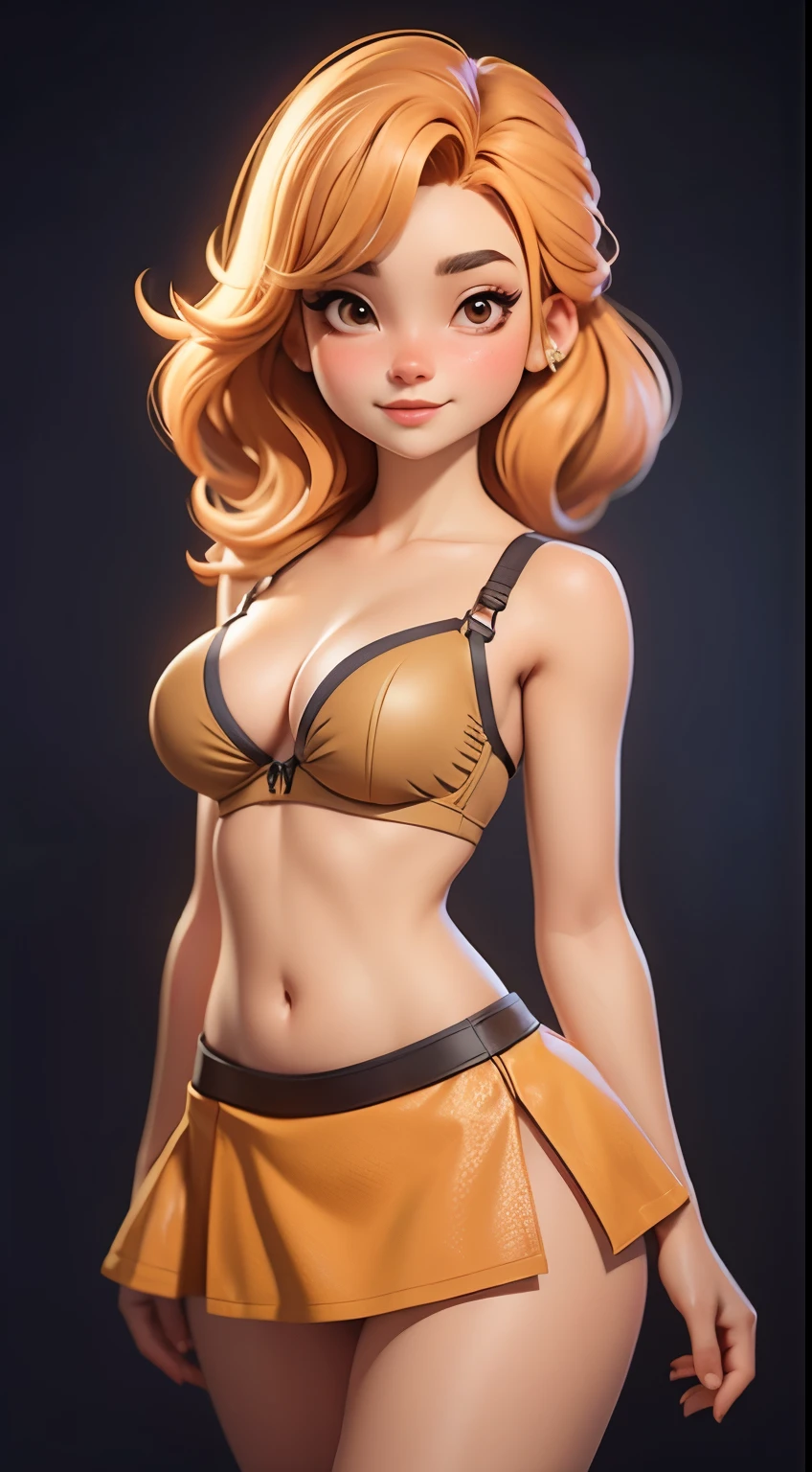 girl。Minimum dress code，almost naked，Wear only Bra,Show belly button，Short skirt with low rise，camel toe protrusion，movie texture warm tones，