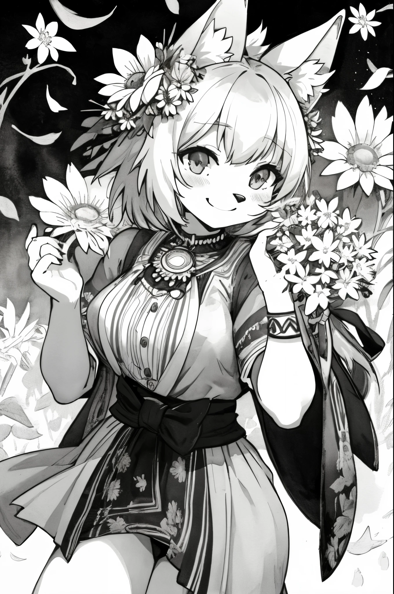 monochrome, watercolor, highres, top quality, best quality, paid reward available, High-quality illustrations, unparalleled masterpiece, perfect artwork, absurdres, 1girl, kemono, furry, detailed body fur, animal face, animal hand, Archaic Smile, holding a cluster of Rainbow flower in both hands, which are positioned at chest level, She is wearing a simple ring on the ring finger of her left hand, unfocused spread of Rainbow flower, fan-created work shared on platforms Pixiv or Twitter,