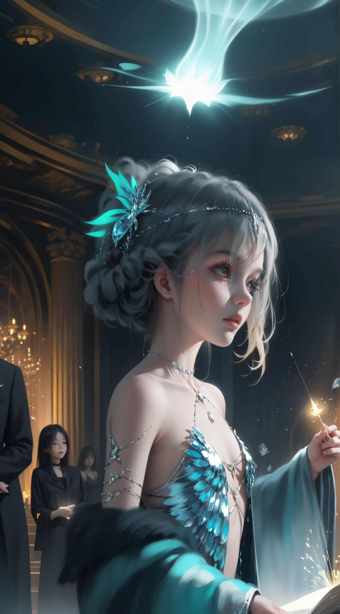 （（best quality））， （（masterpiece））， （（realist））， portrait，1 girl，（（whole body））， celestial body， god， 女god， light particles， halo， looking at the audience， 坚定的眼god， bare shoulders， thoracic duct parietal lobe， poker face，（bioluminescence：0.9 girls 5）ocean， bioluminescence， Energetic， rich and colorful，color，（bioluminescence， bioluminescence），（beautiful composition）， Cinema lights， wheels within wheels， （1.4 girls）， whimsical，
