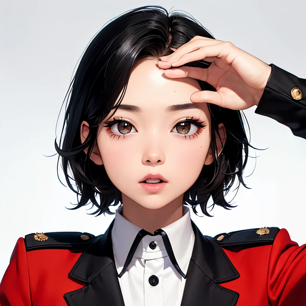 Boy, black hair, brown eyes, sharp features, white skin, uniform
