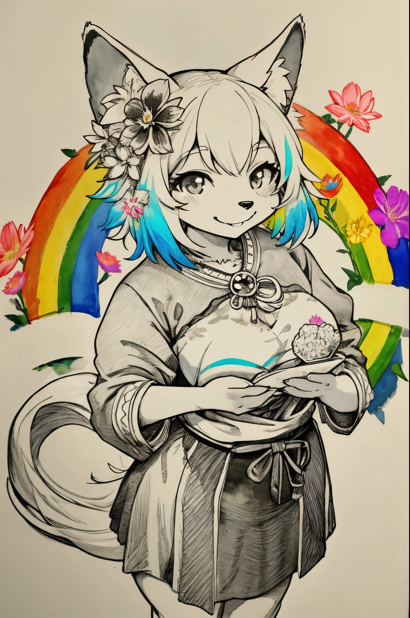 monochrome, watercolor, highres, top quality, best quality, paid reward available, High-quality illustrations, unparalleled masterpiece, perfect artwork, absurdres, 1girl, kemono, furry, detailed body fur, animal face, animal hand, Archaic Smile, holding a cluster of Rainbow flower in both hands, which are positioned at chest level, She is wearing a simple ring on the ring finger of her left hand, unfocused spread of Rainbow flower, fan-created work shared on platforms Pixiv or Twitter,