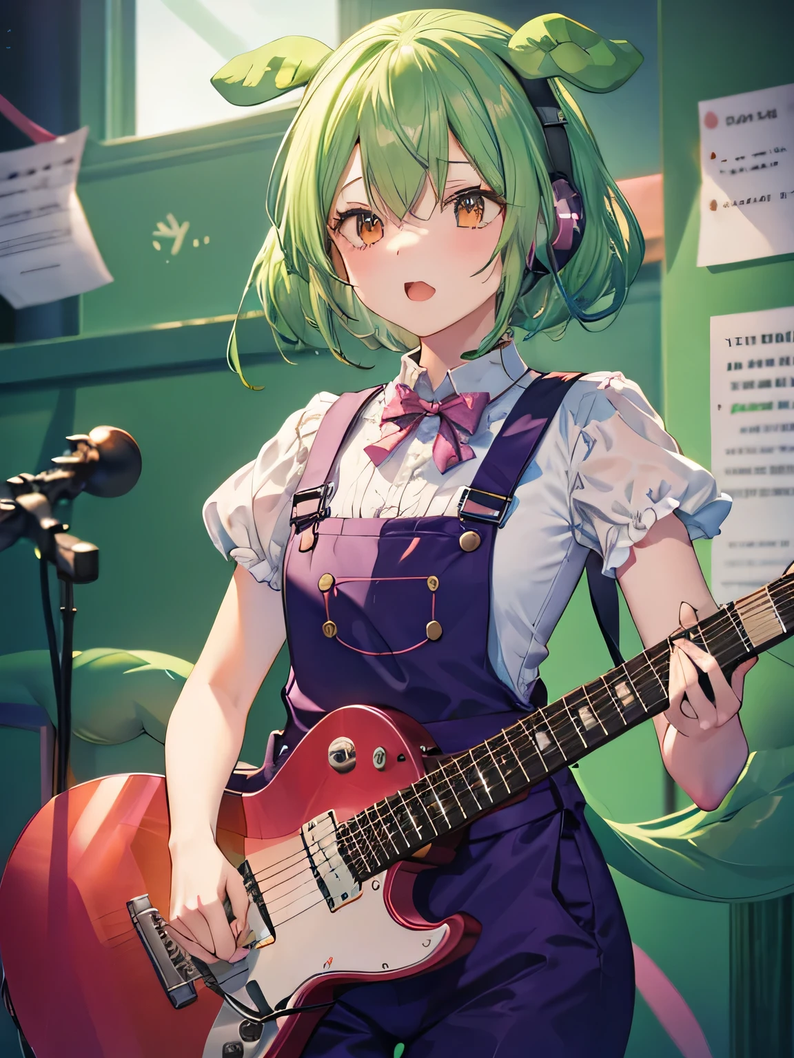 ((masterpiece, highest quality))1 girl, alone, dark green hair,eyes are yellow,white shirt,green overalls, Electric guitar, guitar, earphone, holding, guitarのピックを持っている, musical instrument, music, one side up, guitarを弾く,interior