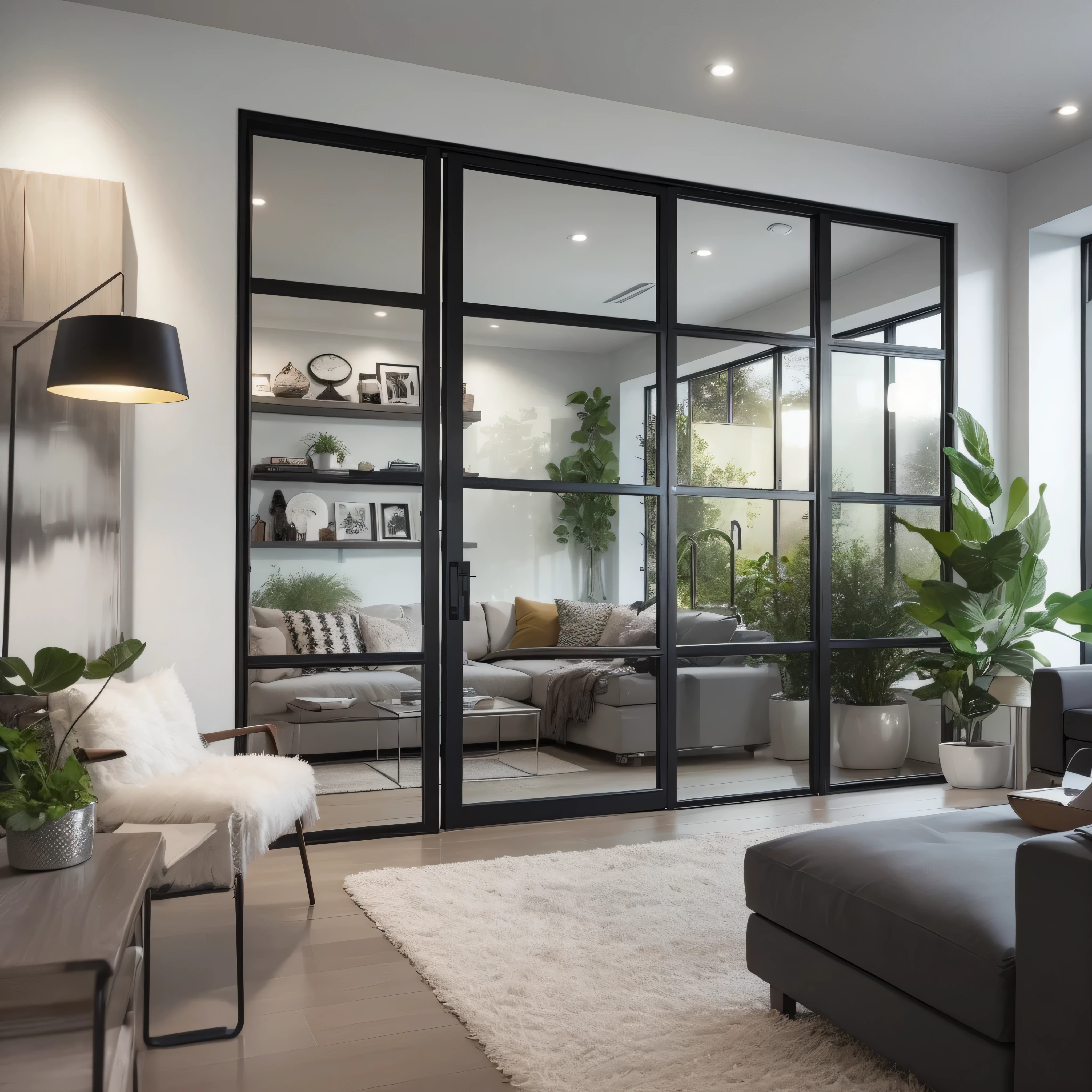 a view of a living room with a couch, chair, and a table, nesting glass doors, clear glass wall, glass wall, glass walls, picture of a loft in morning, natural light in room, picture of an interior loft, modern style, modern indoors, ceiling to floor windows, designed for cozy aesthetics!, apartment with black walls, city apartment, minimal modern