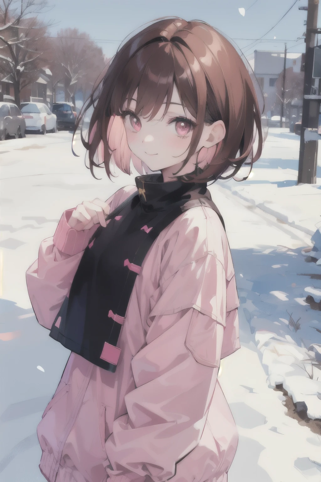 Bright brown hair, pink eyes, short bob, long nape, girl, smiling, cute clothes, snow