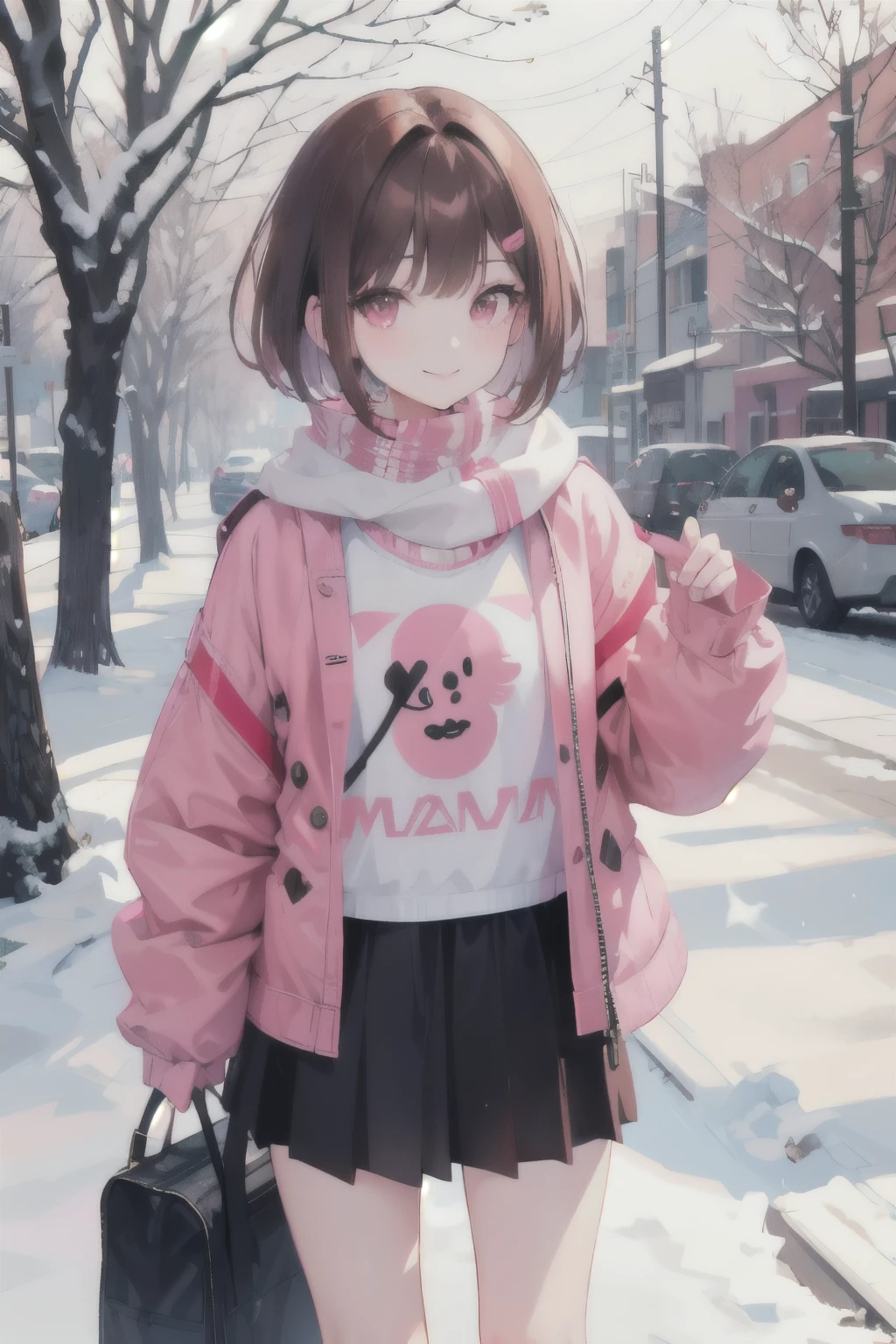 Beautiful girl , Kizuna Ai, long hair , brown hair , blue eyes , pink down on her head , blush . Age 20
(masterpiece, best quality:1.3),beautiful detailed glow,best illuminate,(((best quality,textile shading,ultra detailed))),extremely detailed CG unity 8k wallpaper,Highly Detailed beautiful and aesthetic,best light,high resolution,detailed,dynamic lighting , 1Character , pastel washed out colors , cell shade , soft, muted shades ,gentle colors ,
Outside scene, scene of a Seinen anime , movie quality, snowing , walking in a city , snow on the ground , winter clothes ,