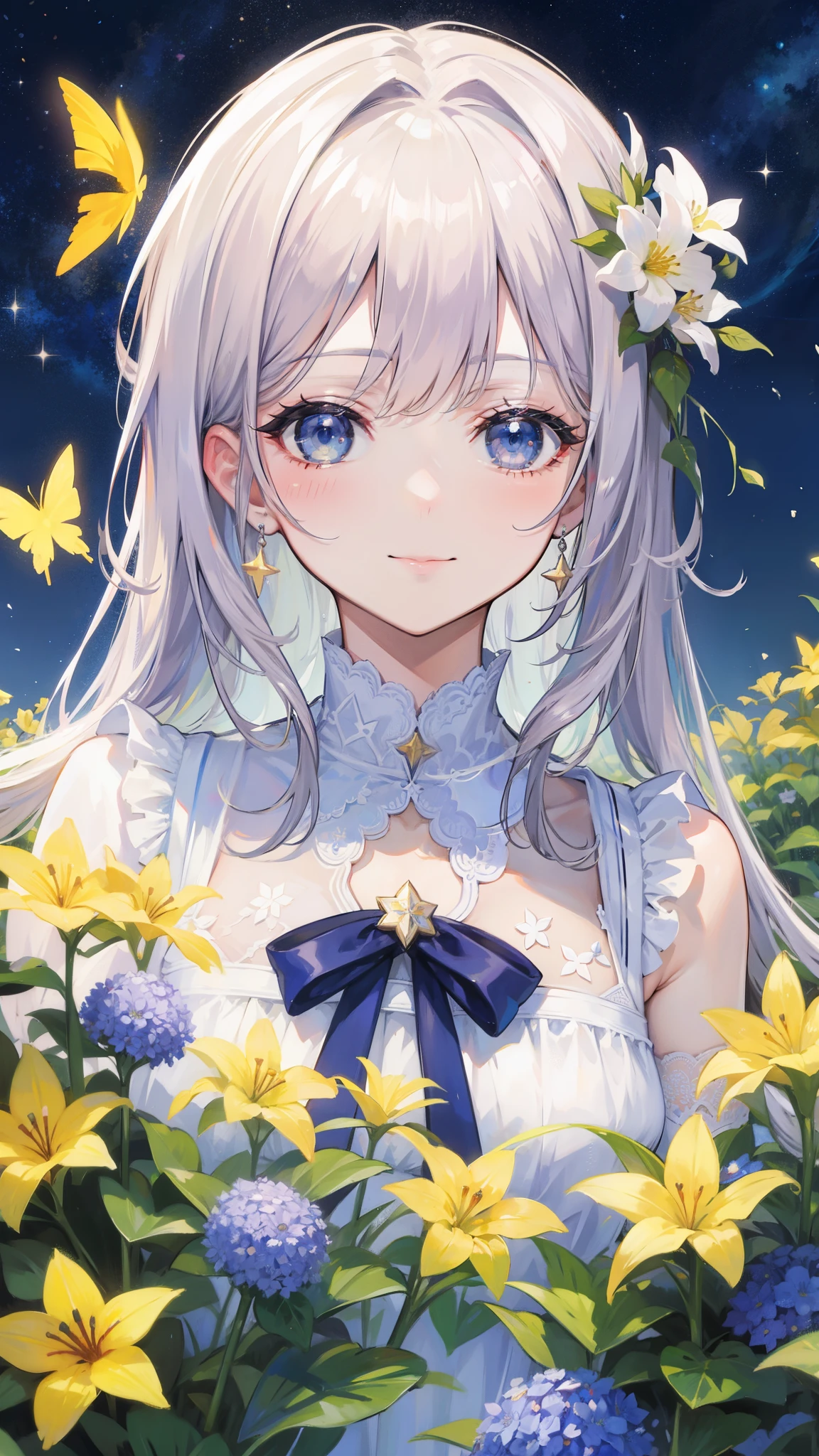 32k, highest quality, expensive_solve, clear_image, detailed background, girl, flower, garden, starry sky, Beautiful modeling, smile, close up of face,