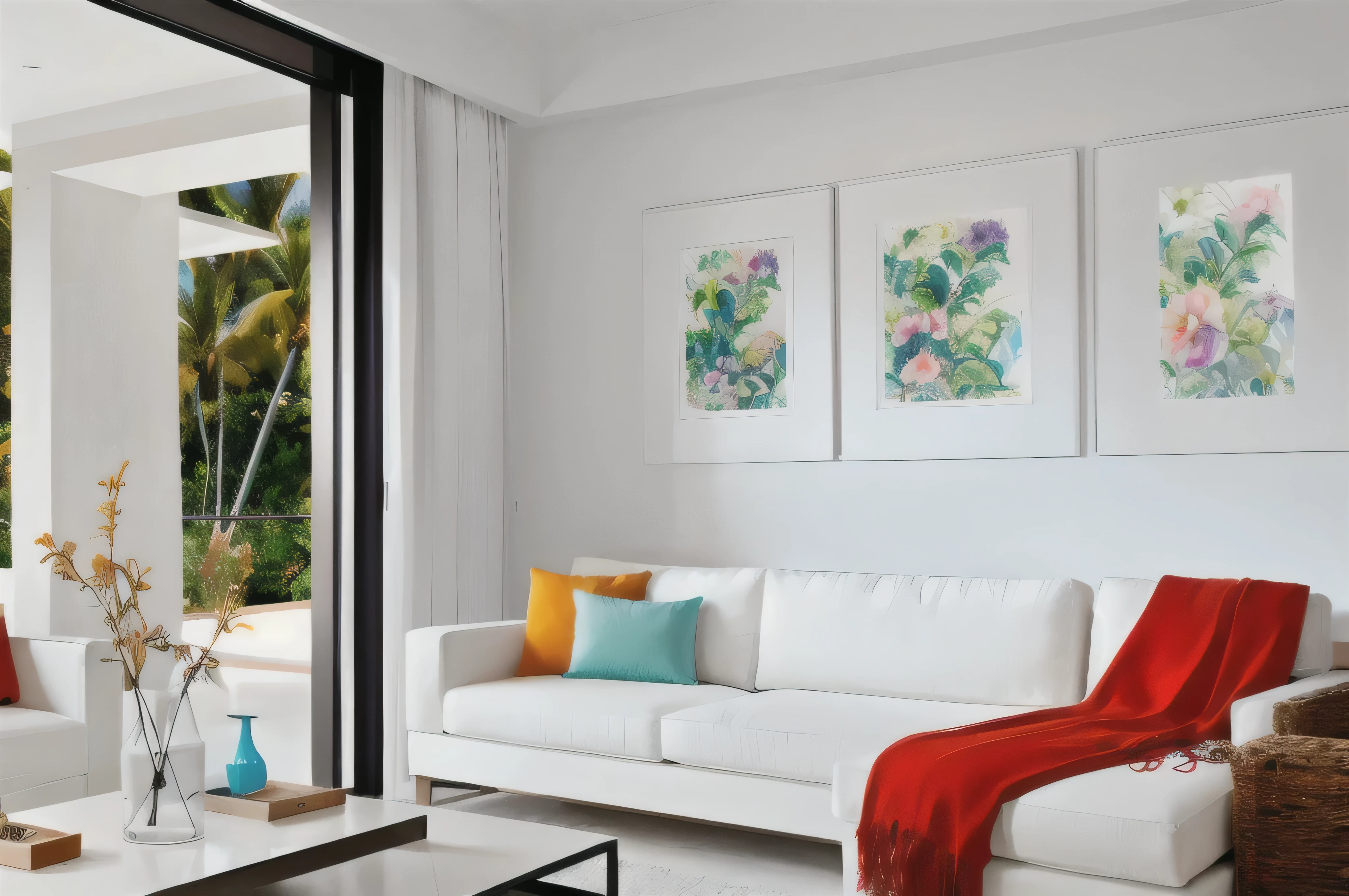 there is a white couch and a white table in a living room, colorful accents, large colorful images, vibrant accents, colorful modern, digital artwork, details and vivid colors, pops of color, rich vivid colors, vibrant color details, colorful art, rich vivid vibrant colors, vibrant painting, mixed art, bright vivid colors, bright saturated colours, vibrant vivid colors