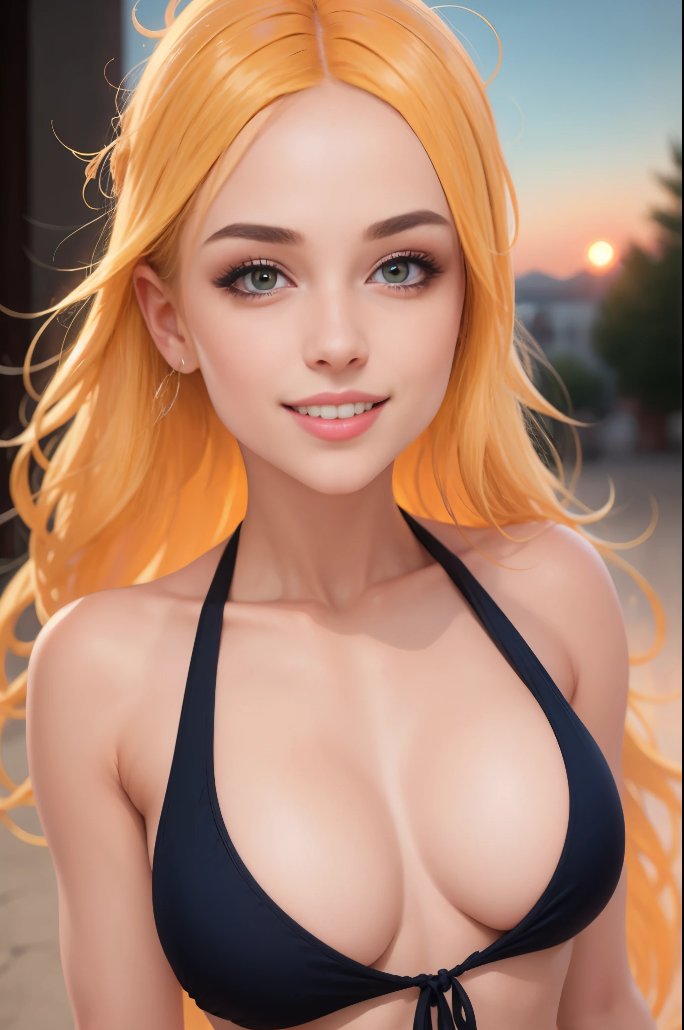 smile, makeup, sun, mid day, (realistic:1.2), (realism), (masterpiece:1.2), (best quality), (ultra detailed), (8k, 4k, intricate),(full-body-shot:1), (85mm),light particles, lighting, (highly detailed:1.2),(detailed face:1.2), (gradients), sfw, colorful,(detailed eyes:1.2)(detailed background),detailed landscape, (dynamic angle:1.2), (dynamic pose:1.2), (rule of third_composition:1.3), (Line of action:1.2). Blond, swimsuit, sideboob, side on view