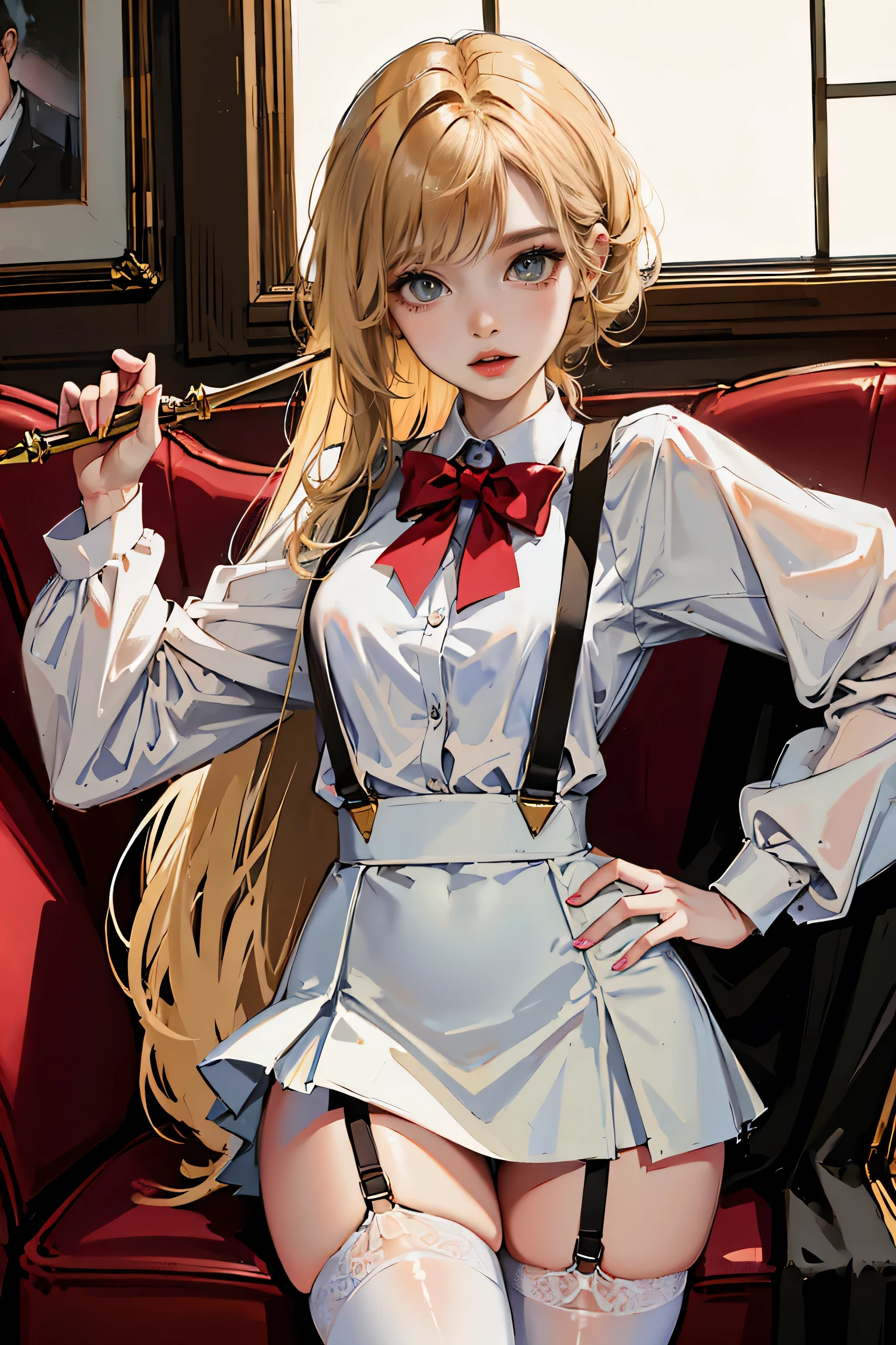 cartoon image of a woman wearing a short skirt and white shirt, sports figure, Cute sexy butts, high resolution комиссия, small curvy , hips!!!, Expects, Short full-length portrait!, hips!!!!!!, with backlight, slim ass, stockings up to hips, red & black clothes, legs clamped in stockings with suspenders