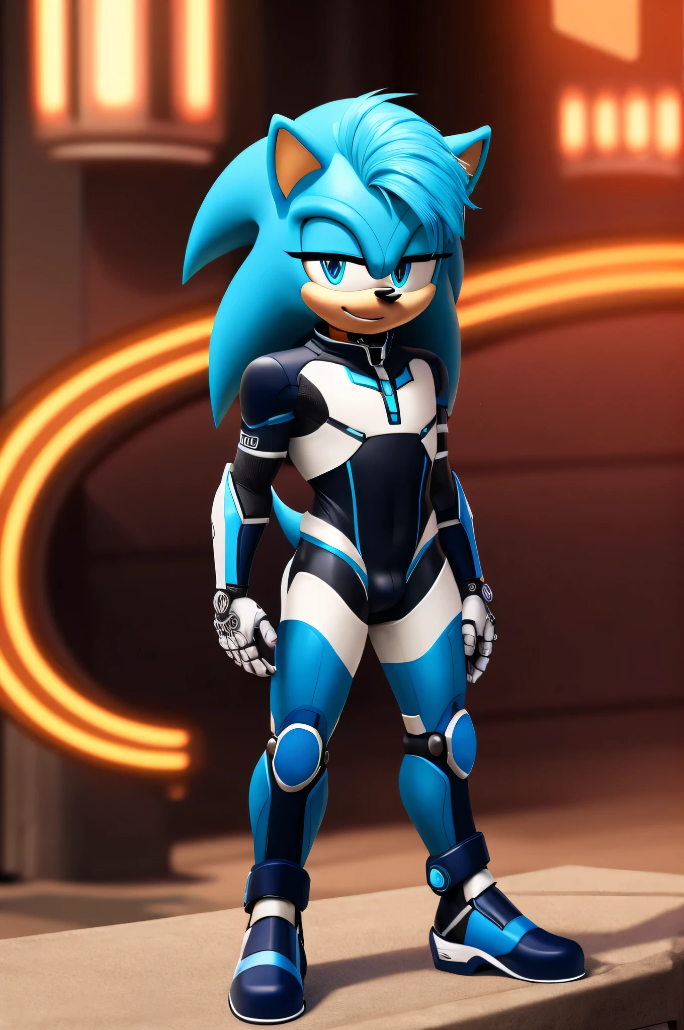 A solo male twink anthro android ((hedgehog)), with bright cyan fur, glowing blue eyes, white muzzle, wearing a sci-fi bodysuit stands in a futuristic landscape. The android's bodysuit has (((light blue, and white coloring))), medium bulge and intricate (((mechanical details))), creating a futuristic look. the android has a seductive smirk on his face